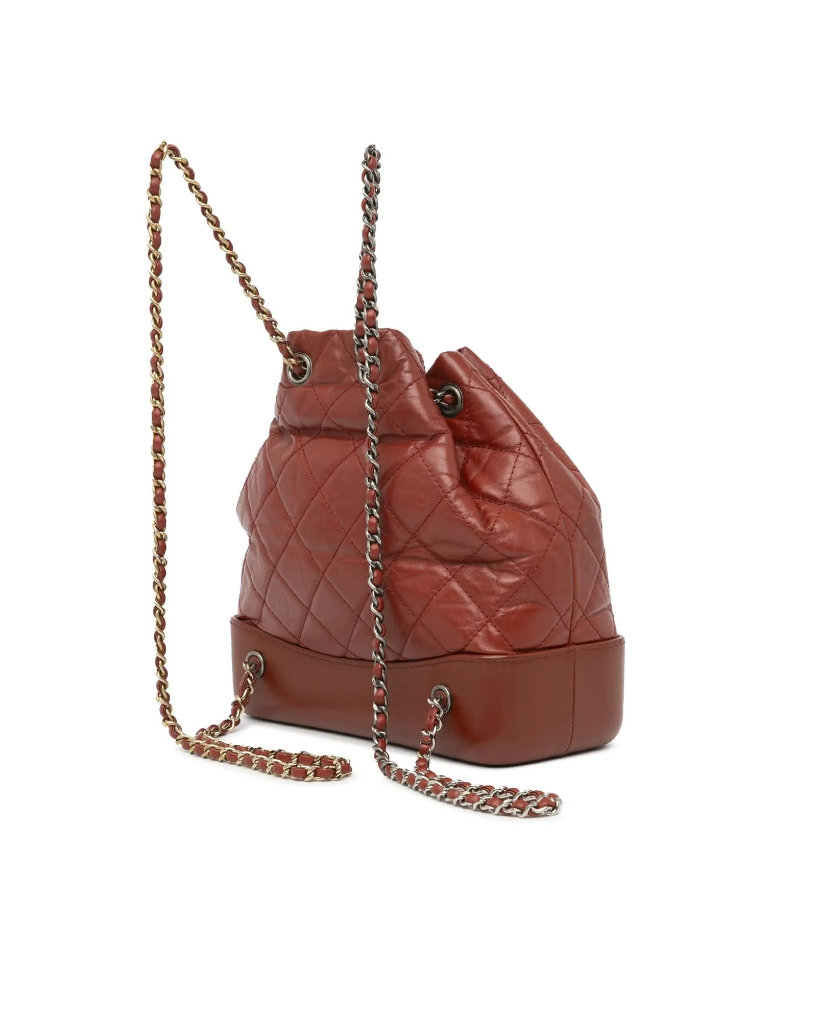 Aged Calfskin Leather Backpack with Chain Straps and Drawstring Closure