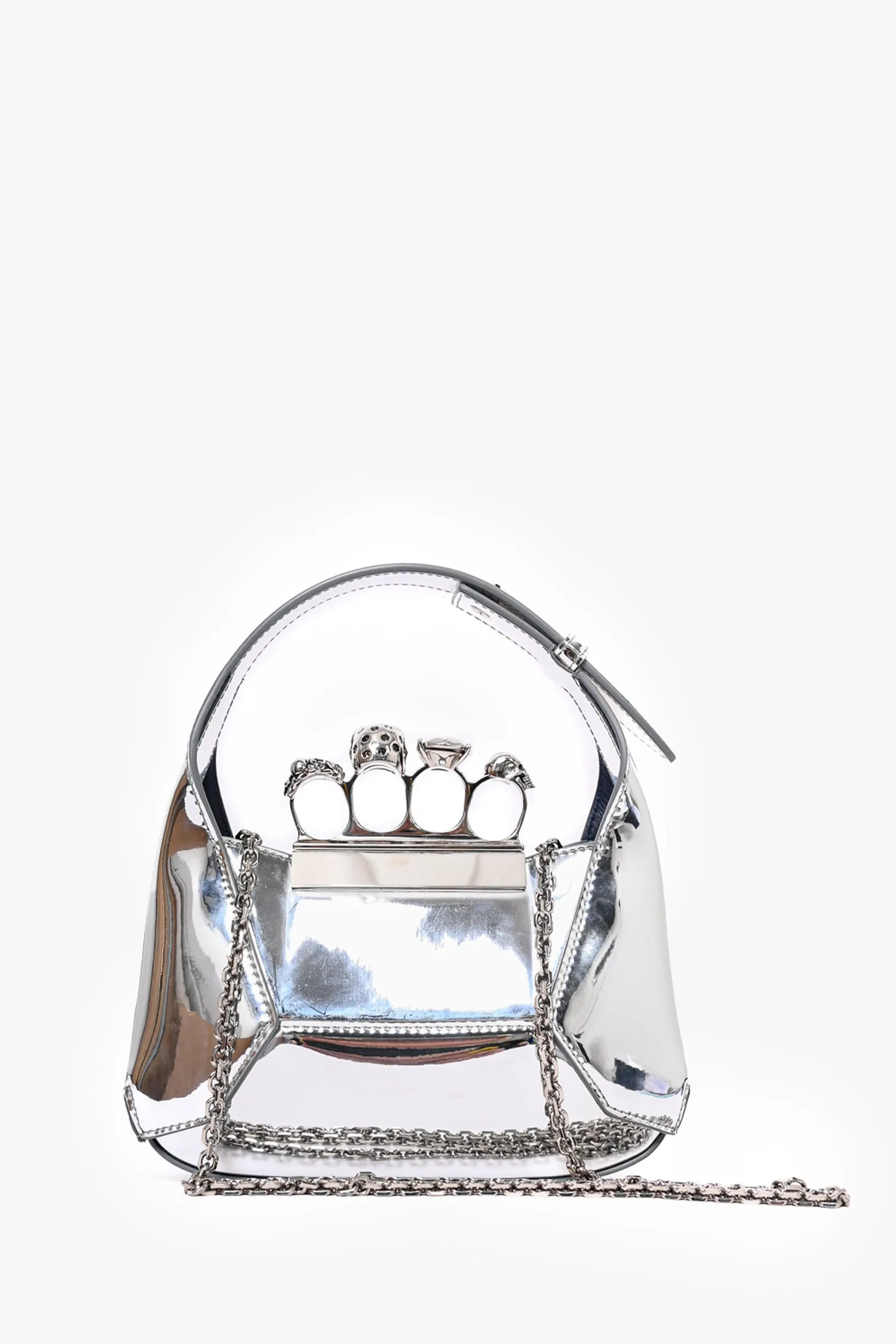 Alexander McQueen Metallic Silver Leather Knuckle 'Mini Hobo' Top Handle Bag with Chain