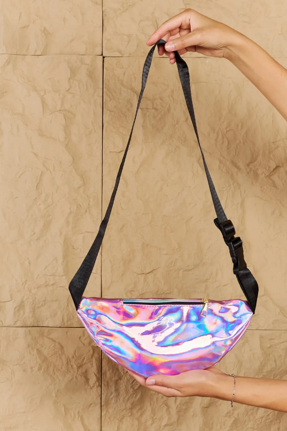 *APP EXCLUSIVE* Holographic Double Zipper Fanny Pack in Hot Pink