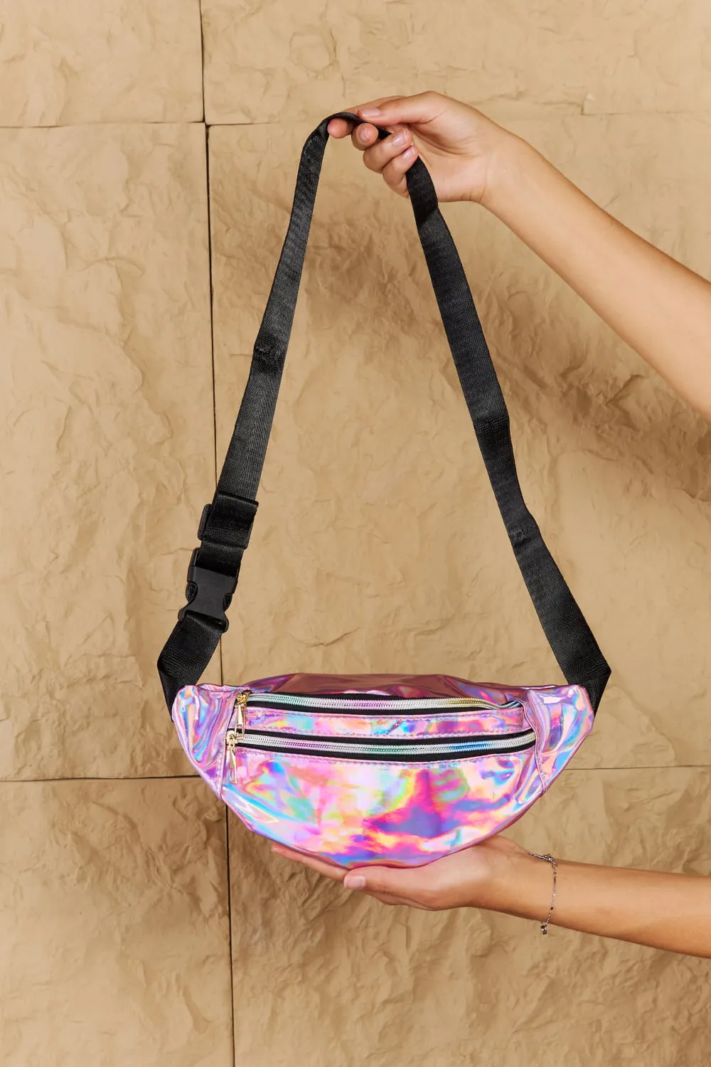 *APP EXCLUSIVE* Holographic Double Zipper Fanny Pack in Hot Pink