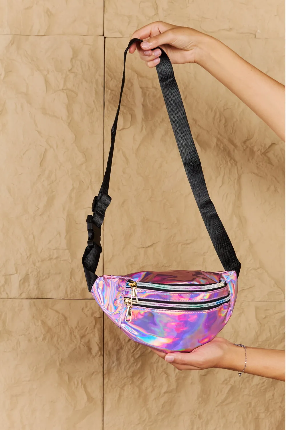 *APP EXCLUSIVE* Holographic Double Zipper Fanny Pack in Hot Pink