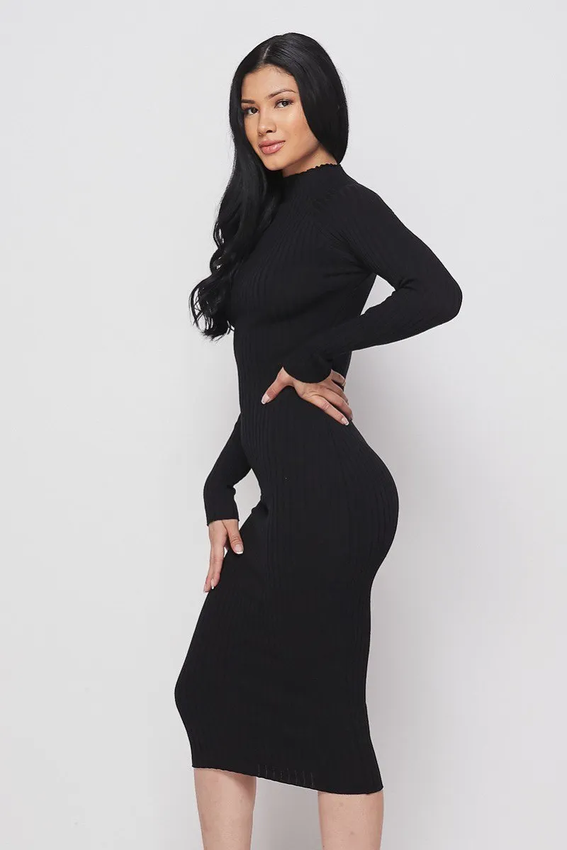 Black Long Sleeve Mock Neck Midi Knit Dress