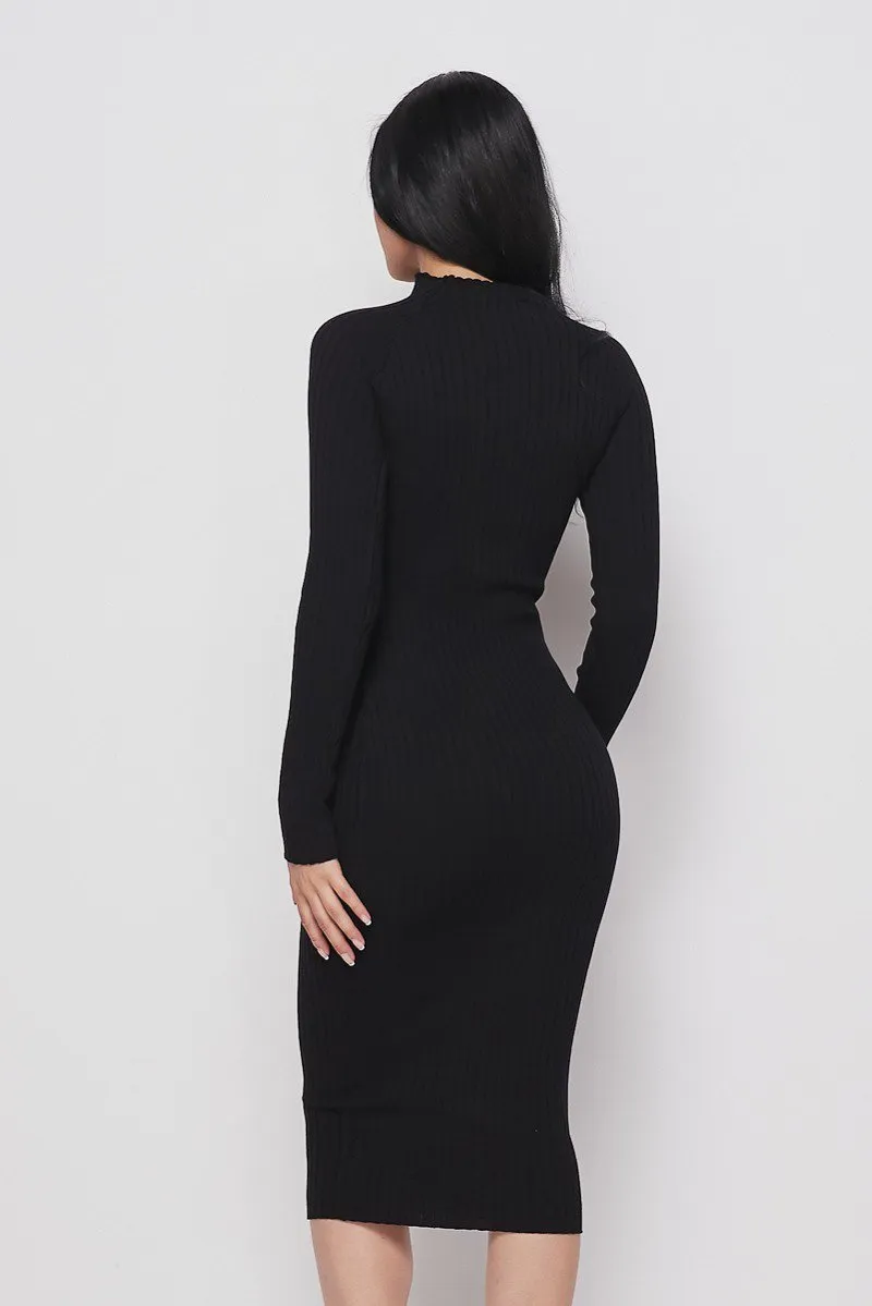 Black Long Sleeve Mock Neck Midi Knit Dress