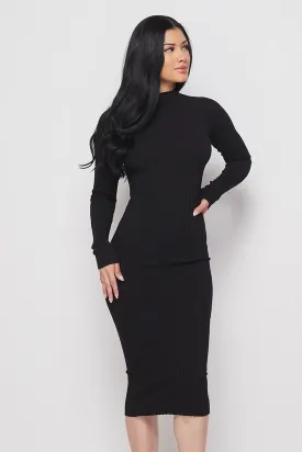 Black Long Sleeve Mock Neck Midi Knit Dress