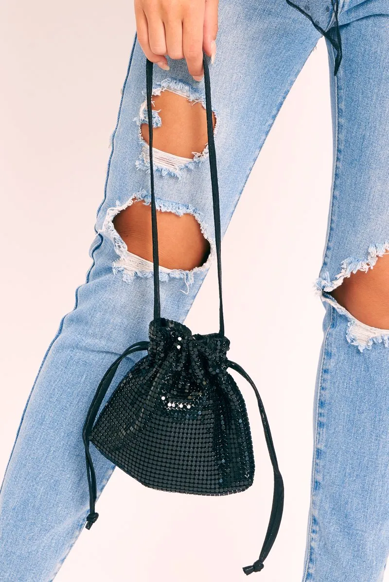 Black Sequin Drawstring Shoulder Strap Bag - Vada