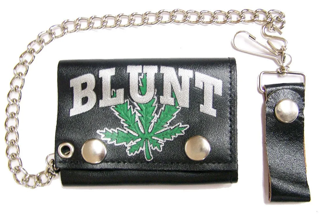 BLUNT MARIJUANA POT LEAF TRIFOLD LEATHER WALLETS WITH CHAIN