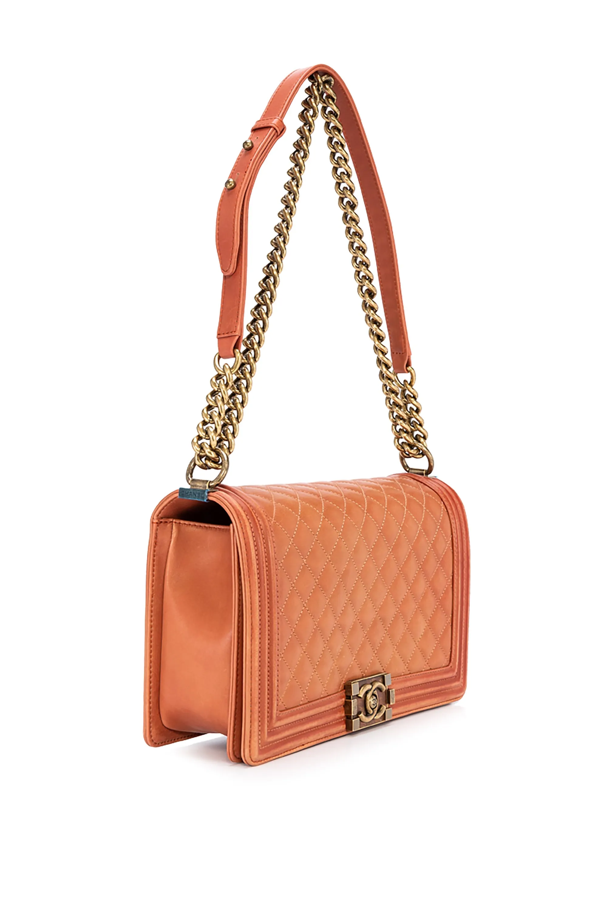 Boy Large Orange Shoulder Bag in Calfskin, Brushed Gold hardware