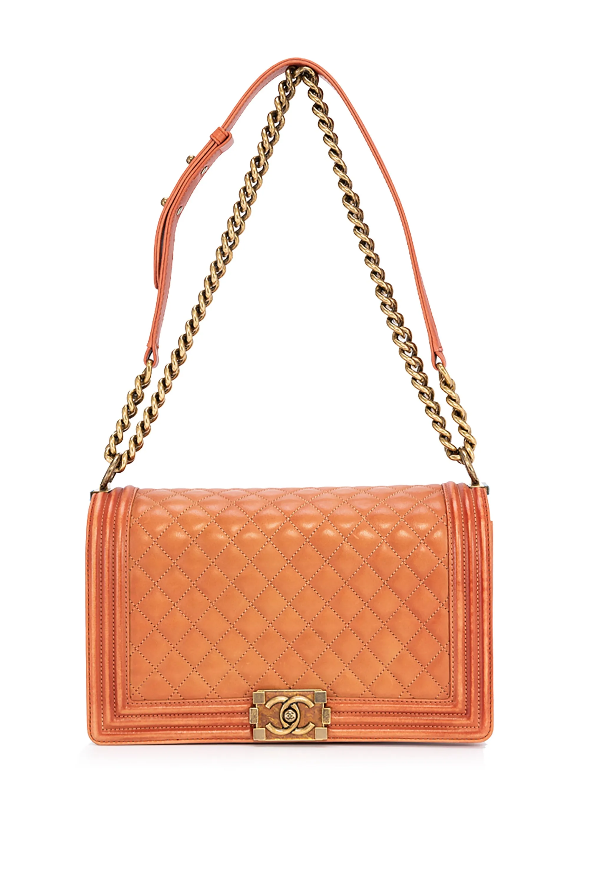 Boy Large Orange Shoulder Bag in Calfskin, Brushed Gold hardware