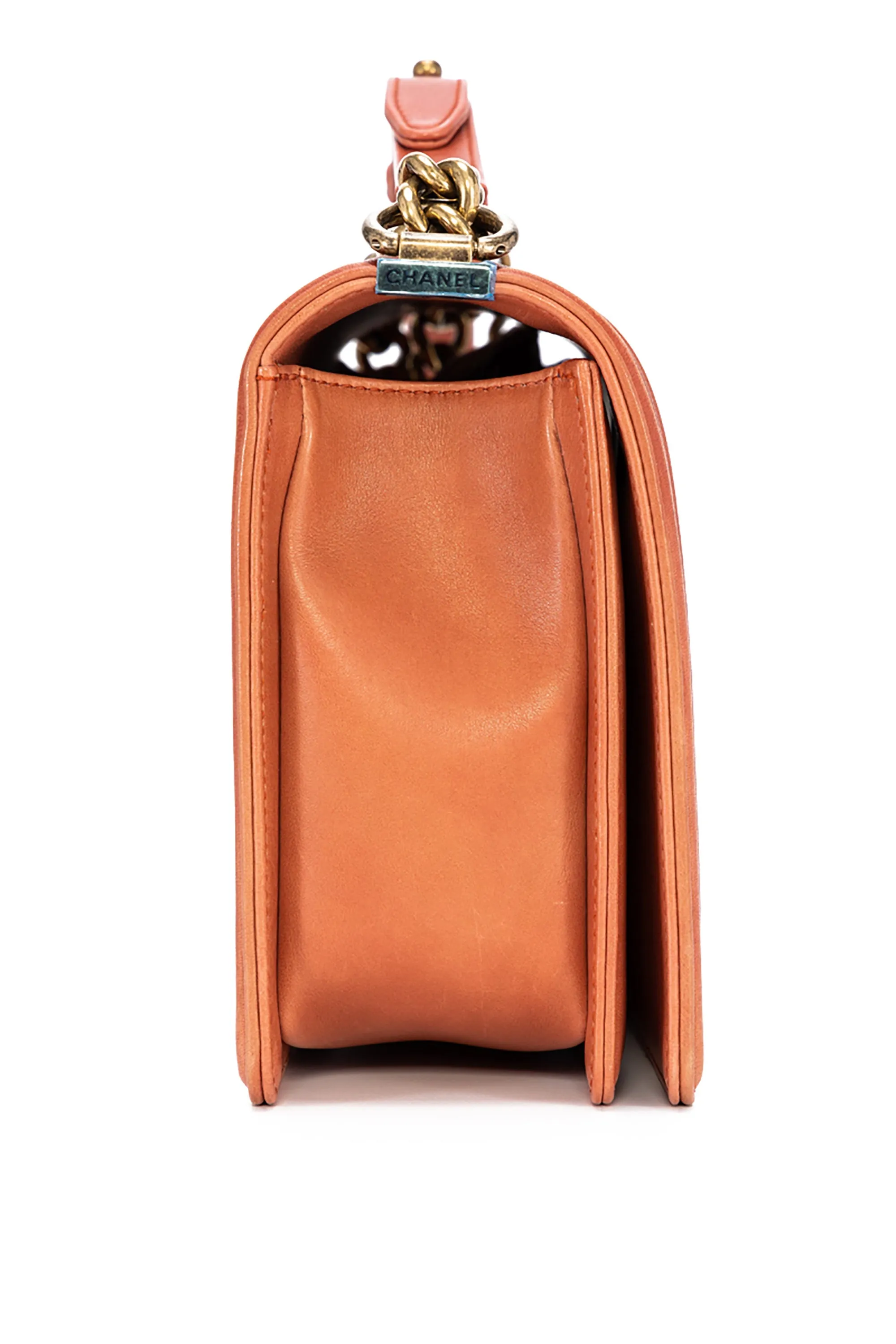 Boy Large Orange Shoulder Bag in Calfskin, Brushed Gold hardware