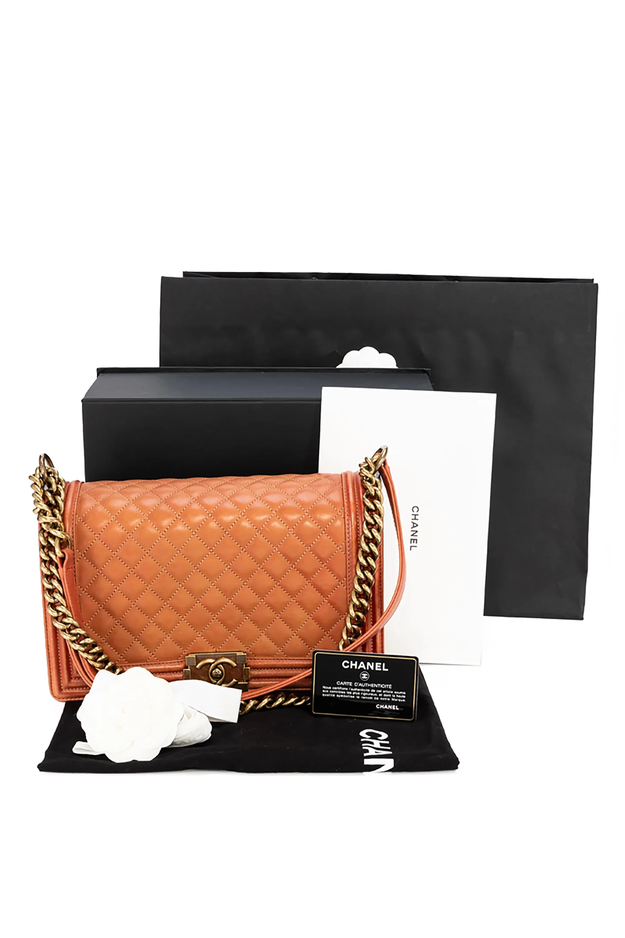 Boy Large Orange Shoulder Bag in Calfskin, Brushed Gold hardware