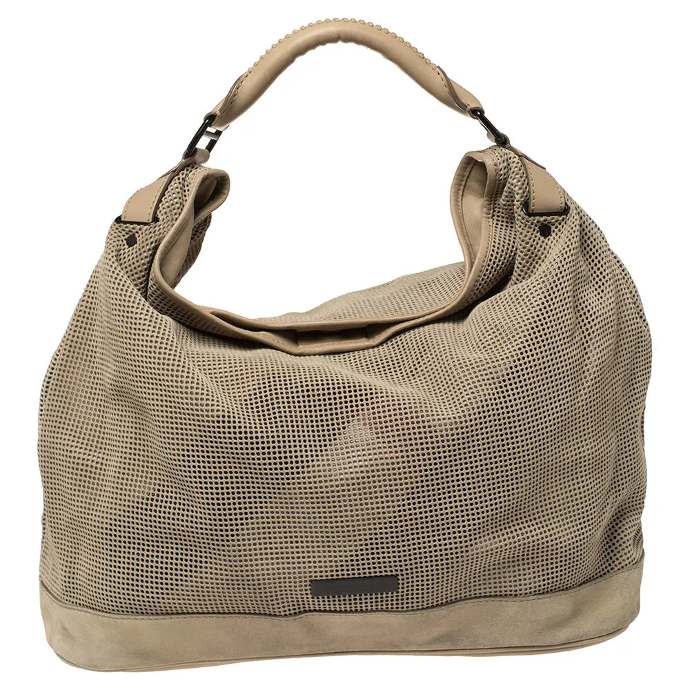 Burberry Beige Perforated Suede and Leather Oversized Hobo