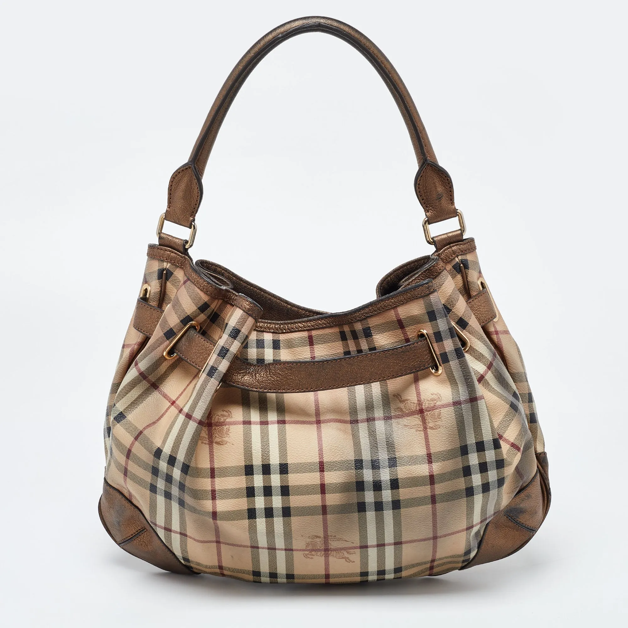 BURBERRY Bronze/Beige Haymarket Check PVC and Leather Medium Willenmore Hobo
