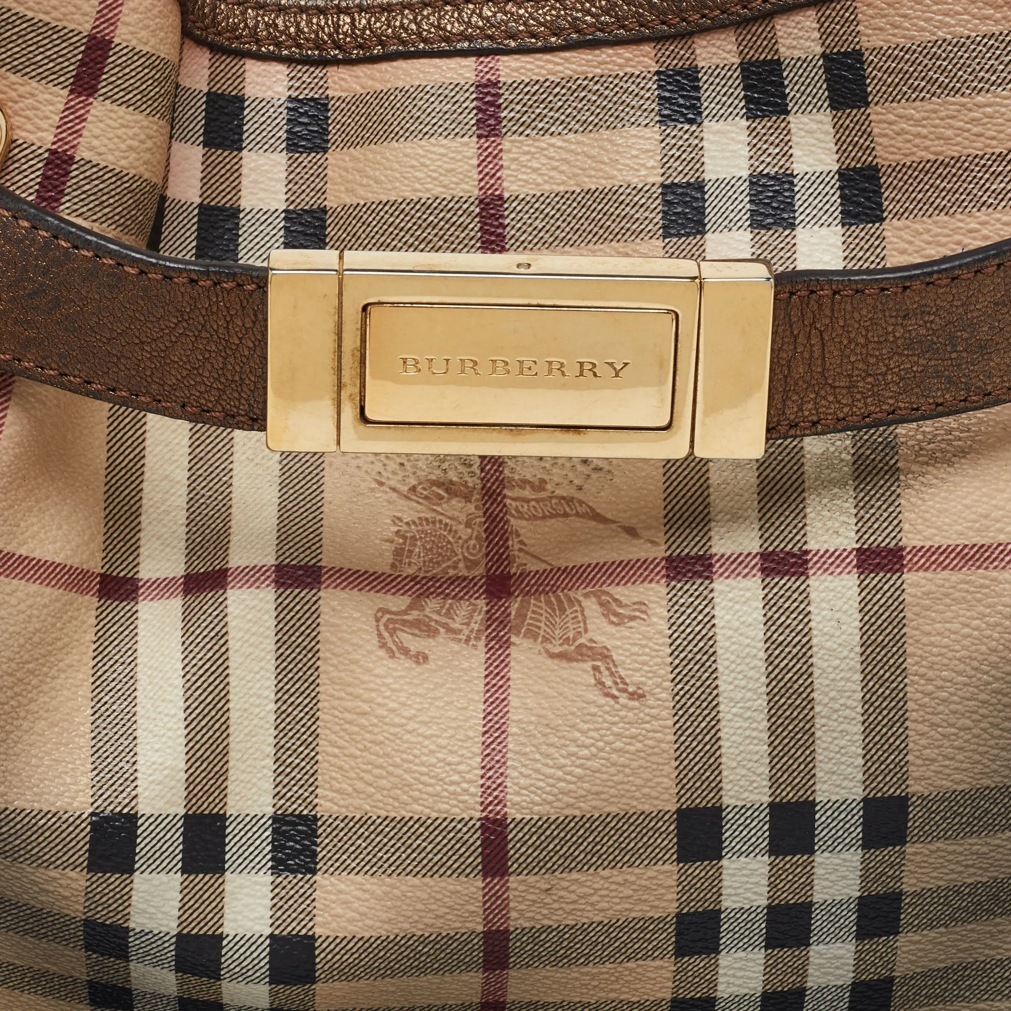 BURBERRY Bronze/Beige Haymarket Check PVC and Leather Medium Willenmore Hobo