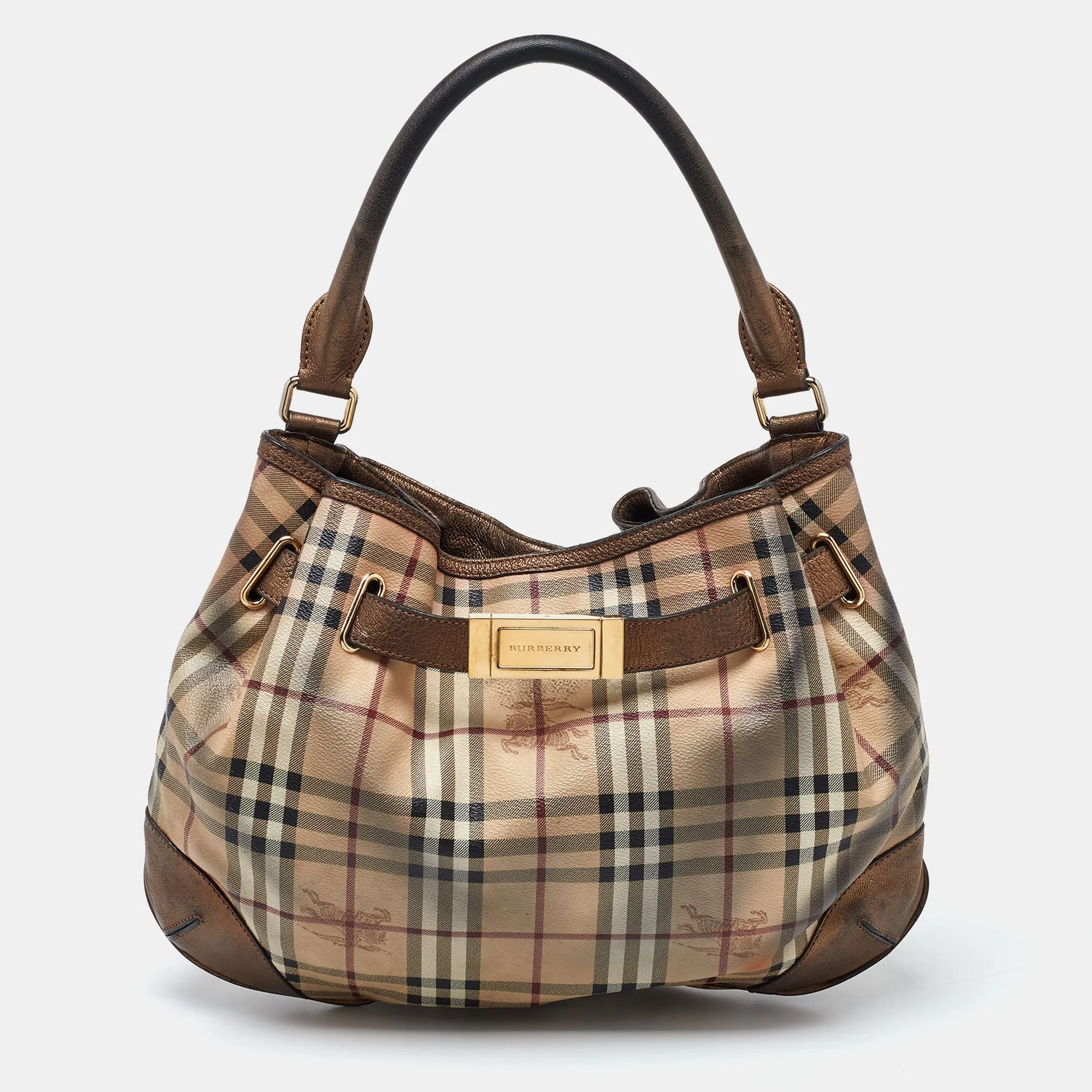 BURBERRY Bronze/Beige Haymarket Check PVC and Leather Medium Willenmore Hobo