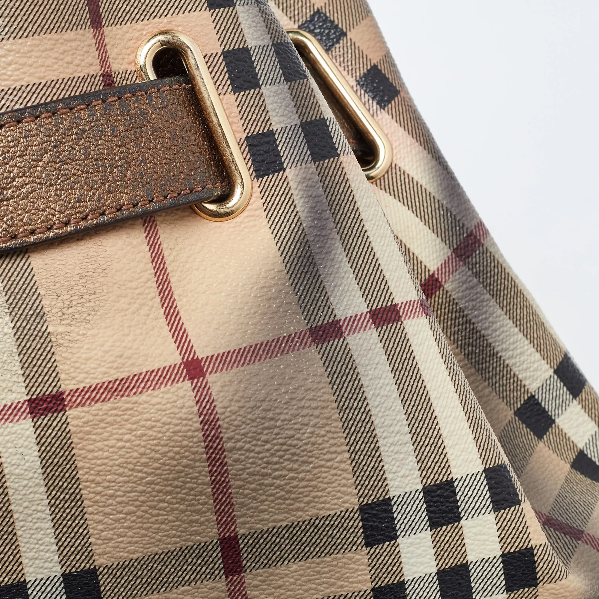 BURBERRY Bronze/Beige Haymarket Check PVC and Leather Medium Willenmore Hobo