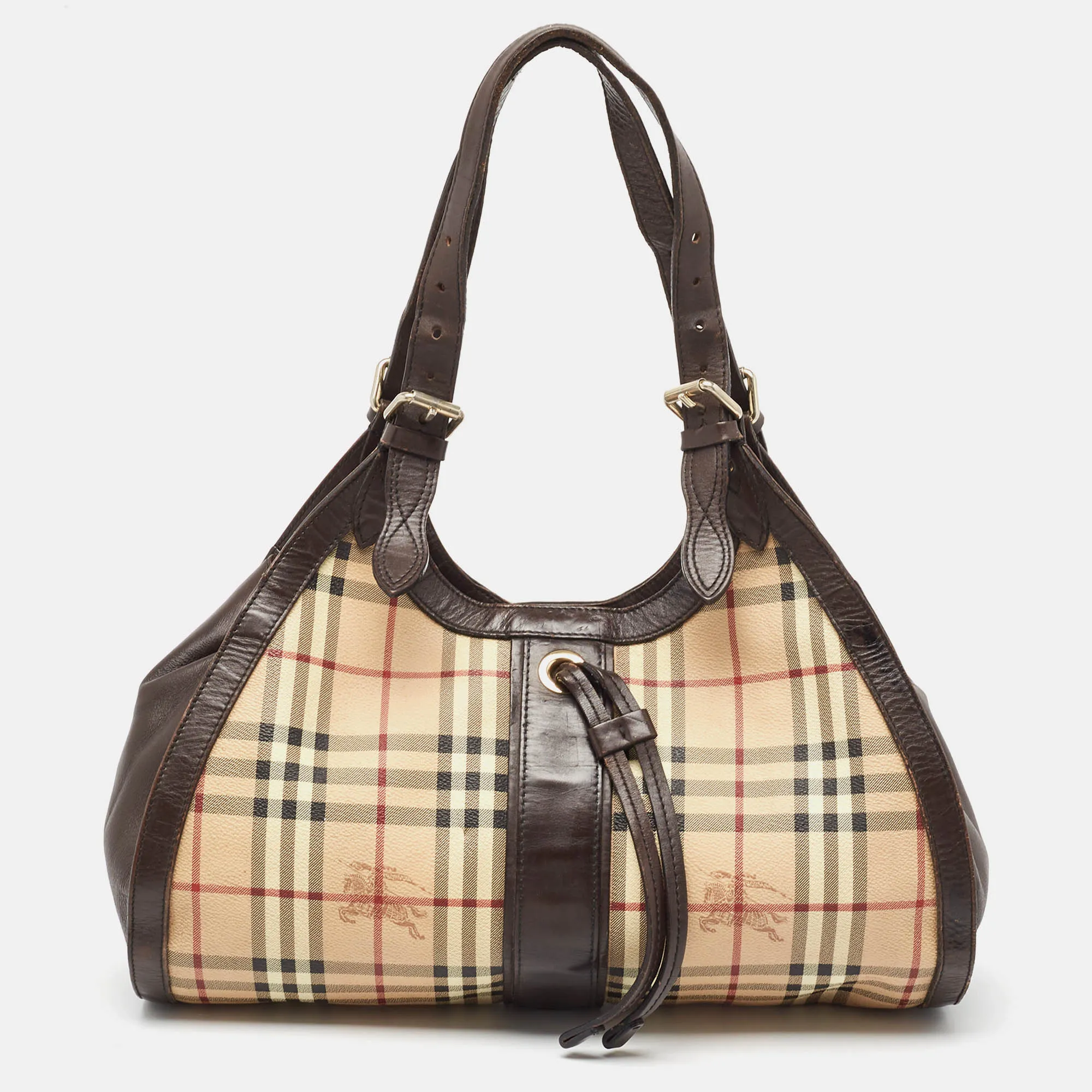 BURBERRY Brown/Beige Haymarket Check Coated Canvas Tassel Satchel