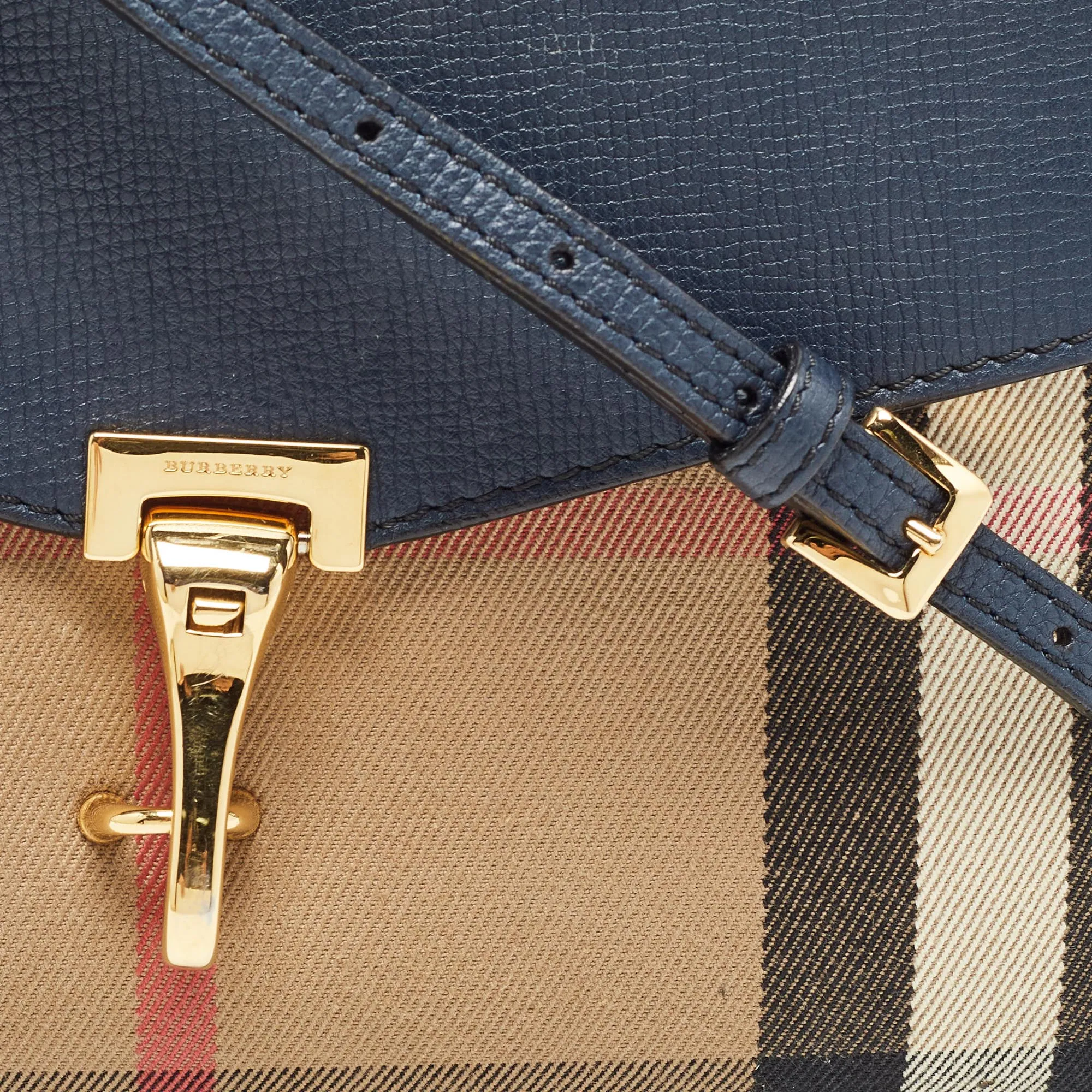 BURBERRY Navy Blue/Beige House Check Fabric and Leather Small Macken Crossbody Bag