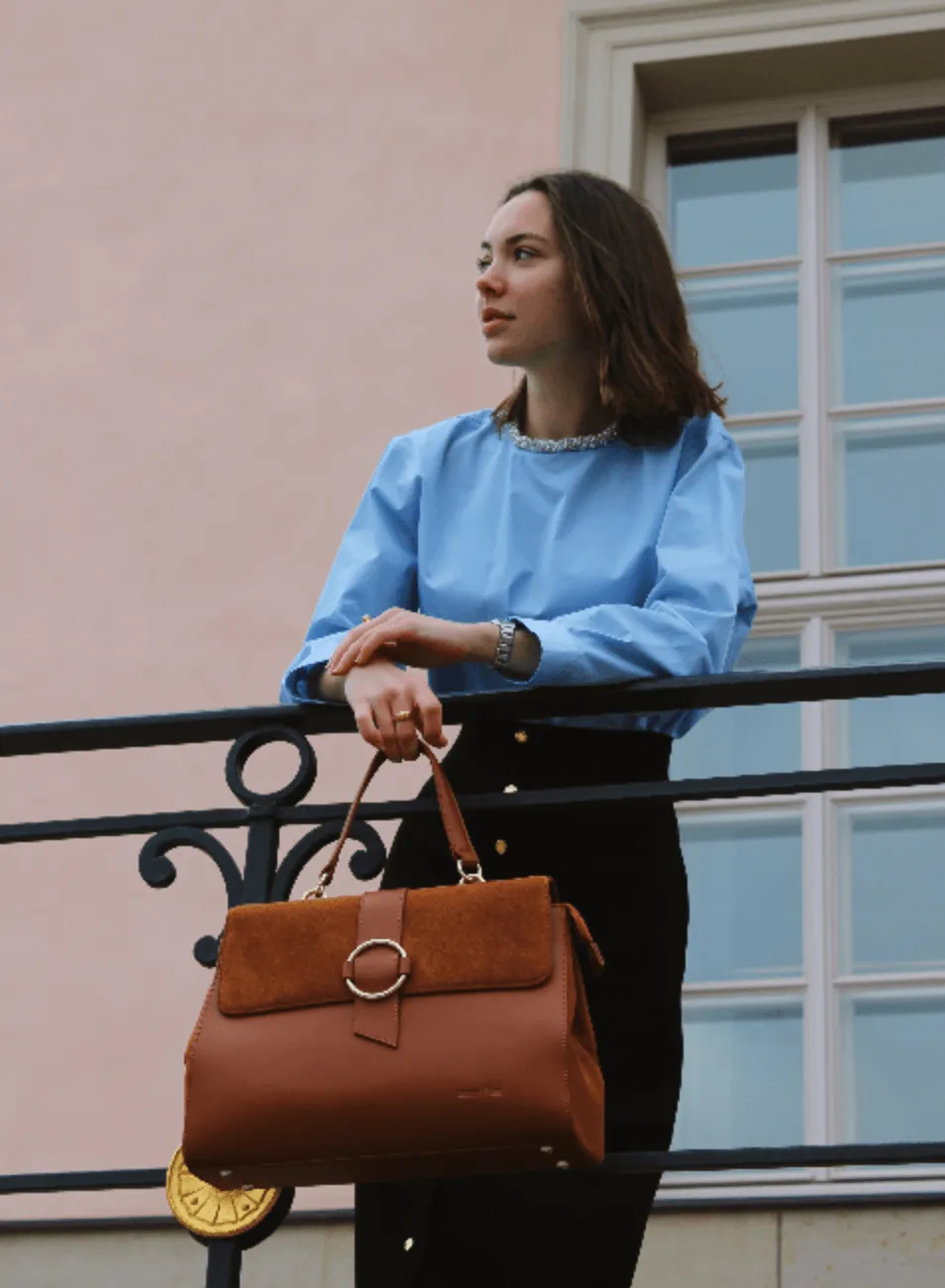 CAMEL LEATHER AND SUEDE HANDBAG