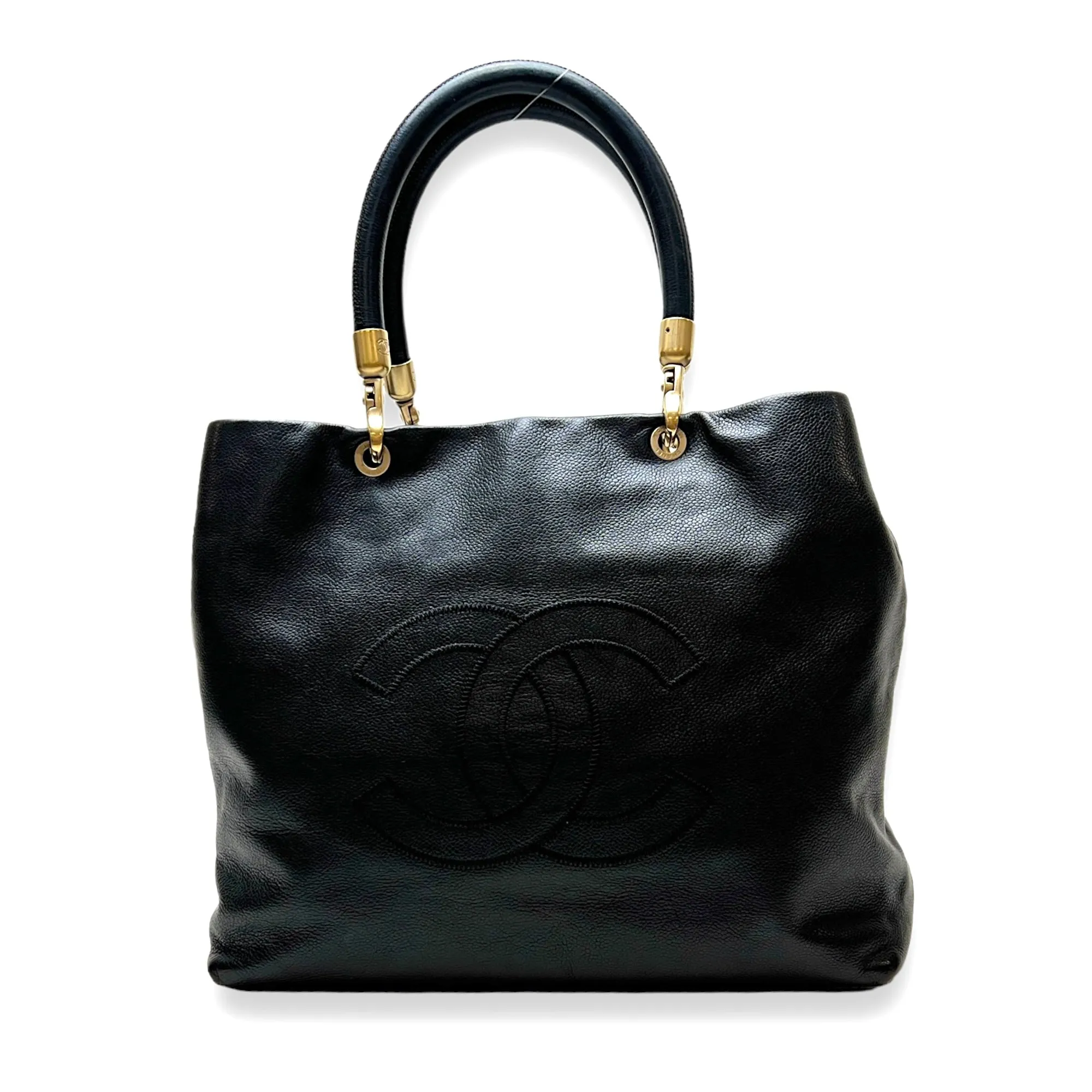 CC Black Top Handle Bag in Caviar Leather, Gold hardware