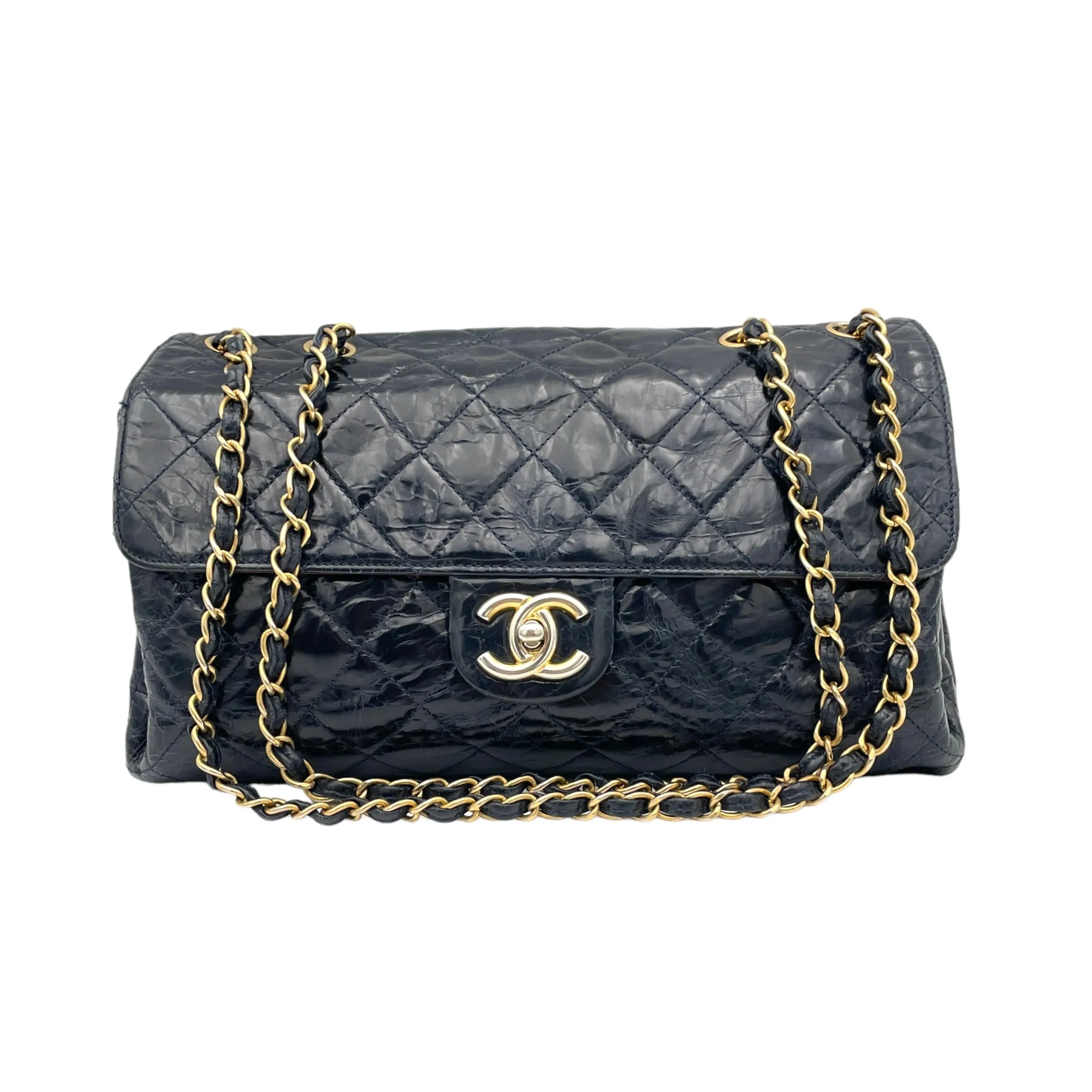 CC Turnlock Crinkled Navy Shoulder Bag in Calfskin, Gold hardware
