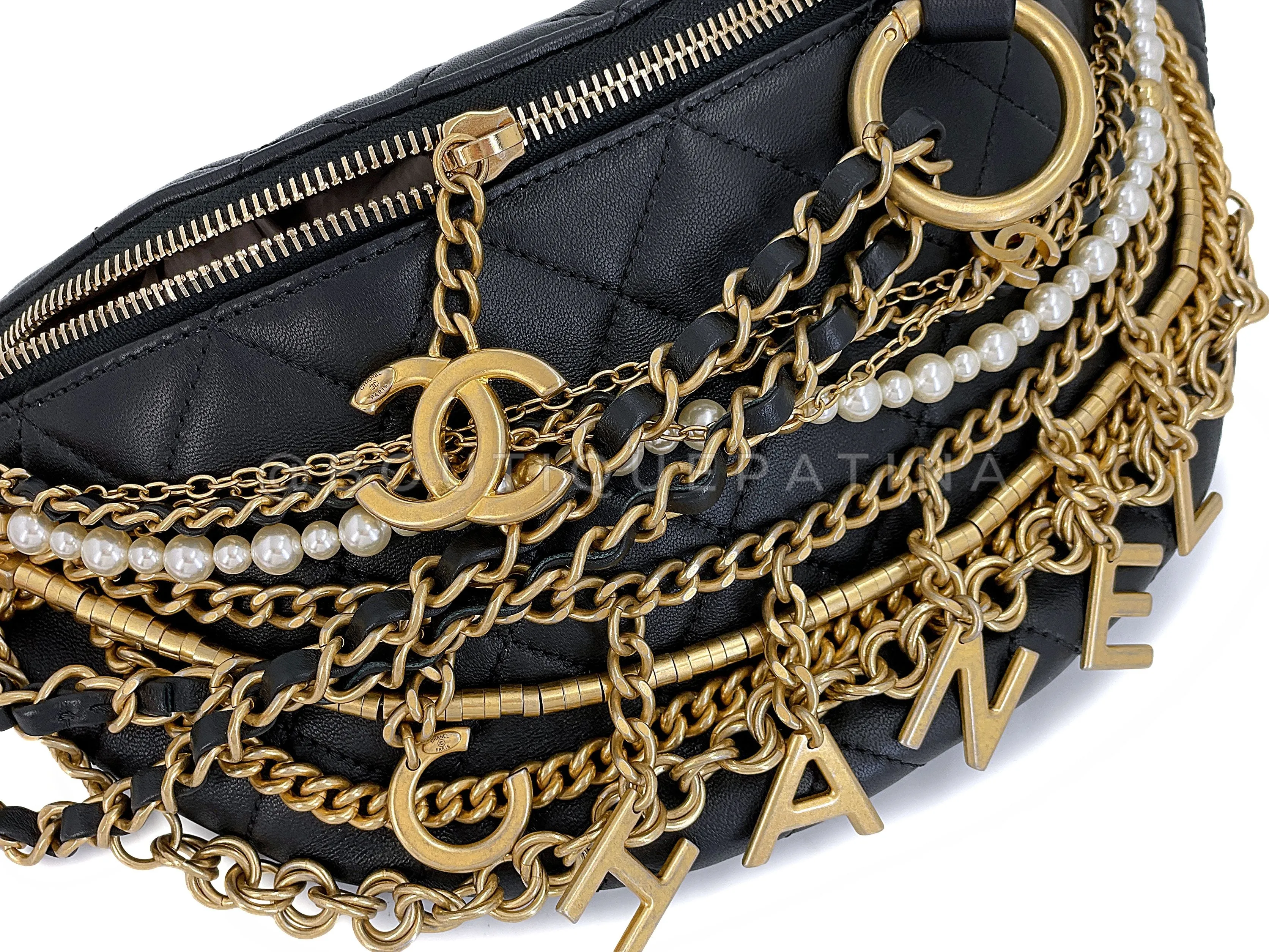 Chanel 19A Black All About Chains Pearl Fanny Pack Bag GHW