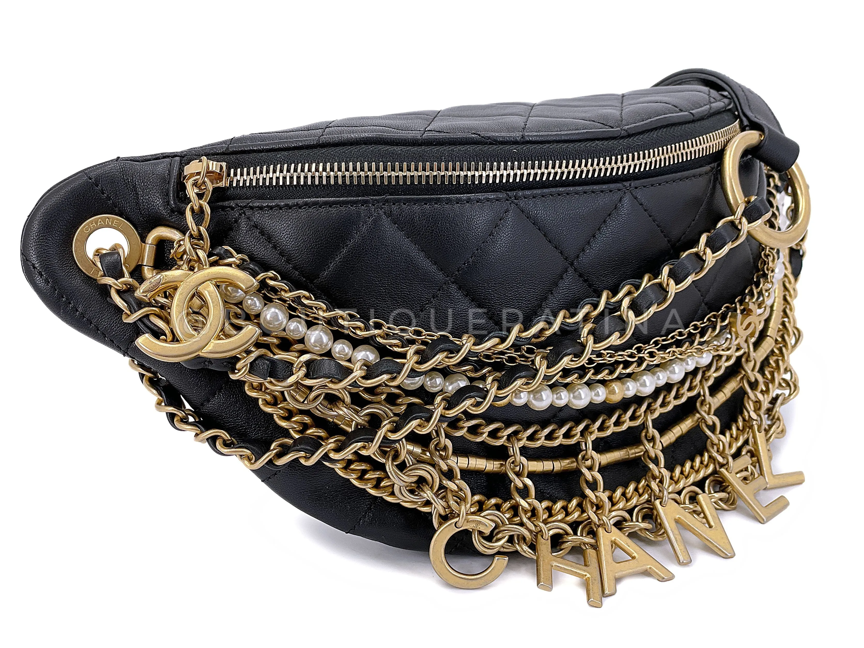 Chanel 19A Black All About Chains Pearl Fanny Pack Bag GHW