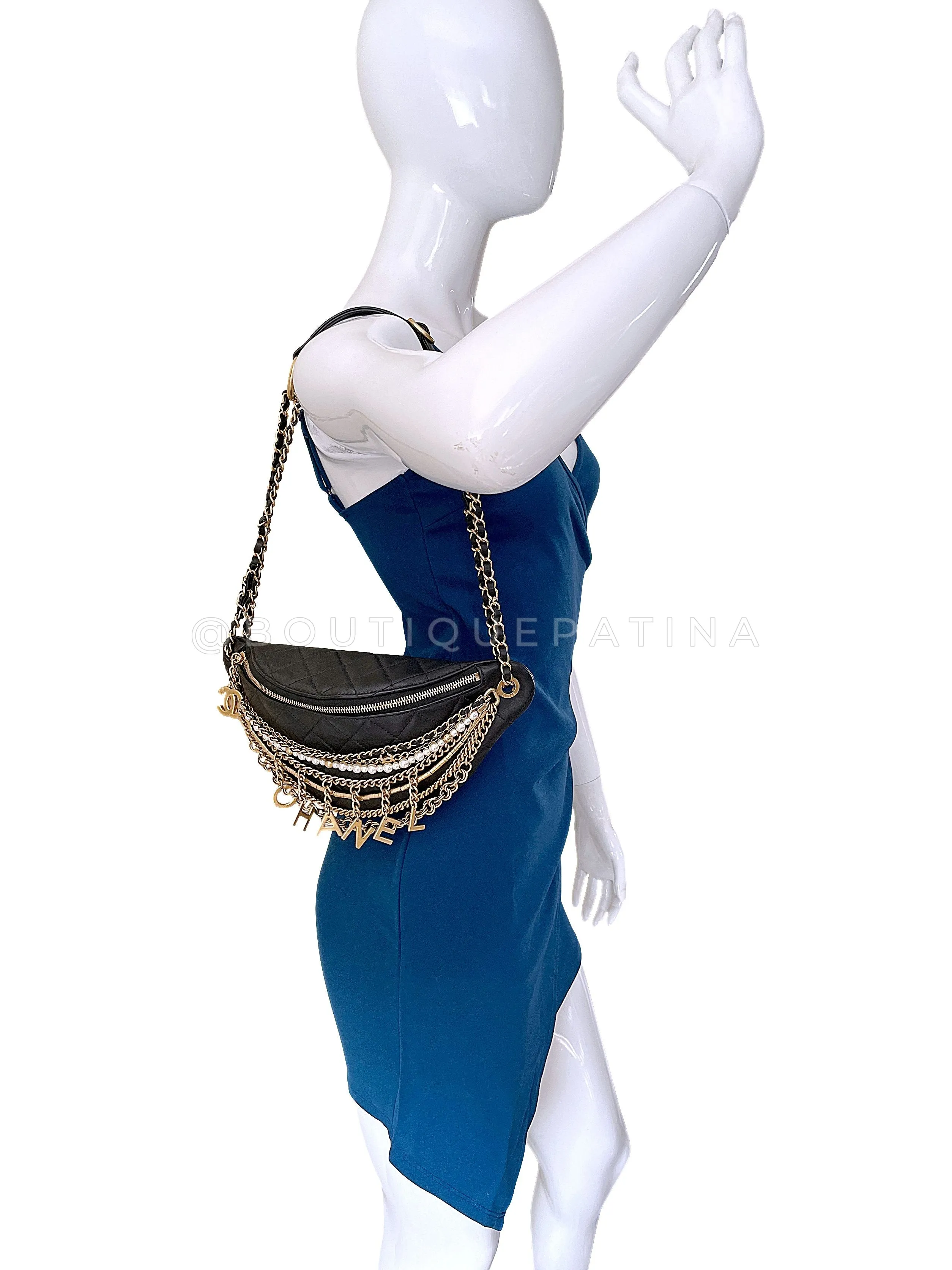 Chanel 19A Black All About Chains Pearl Fanny Pack Bag GHW