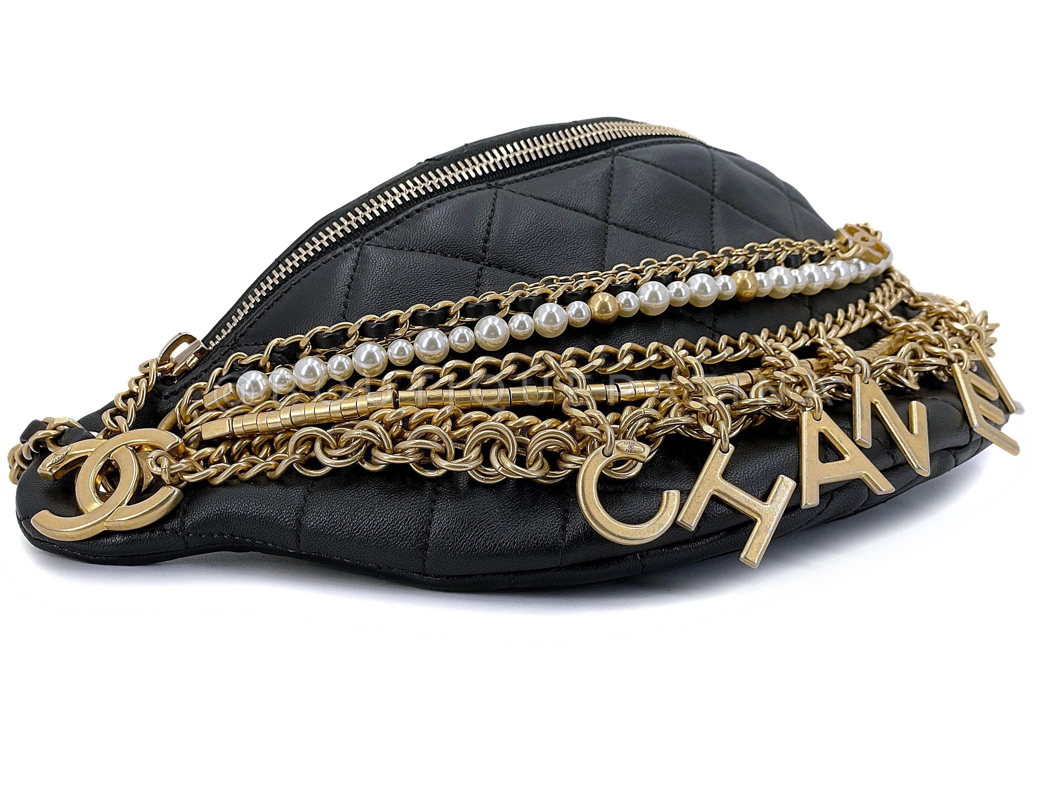 Chanel 19A Black All About Chains Pearl Fanny Pack Bag GHW