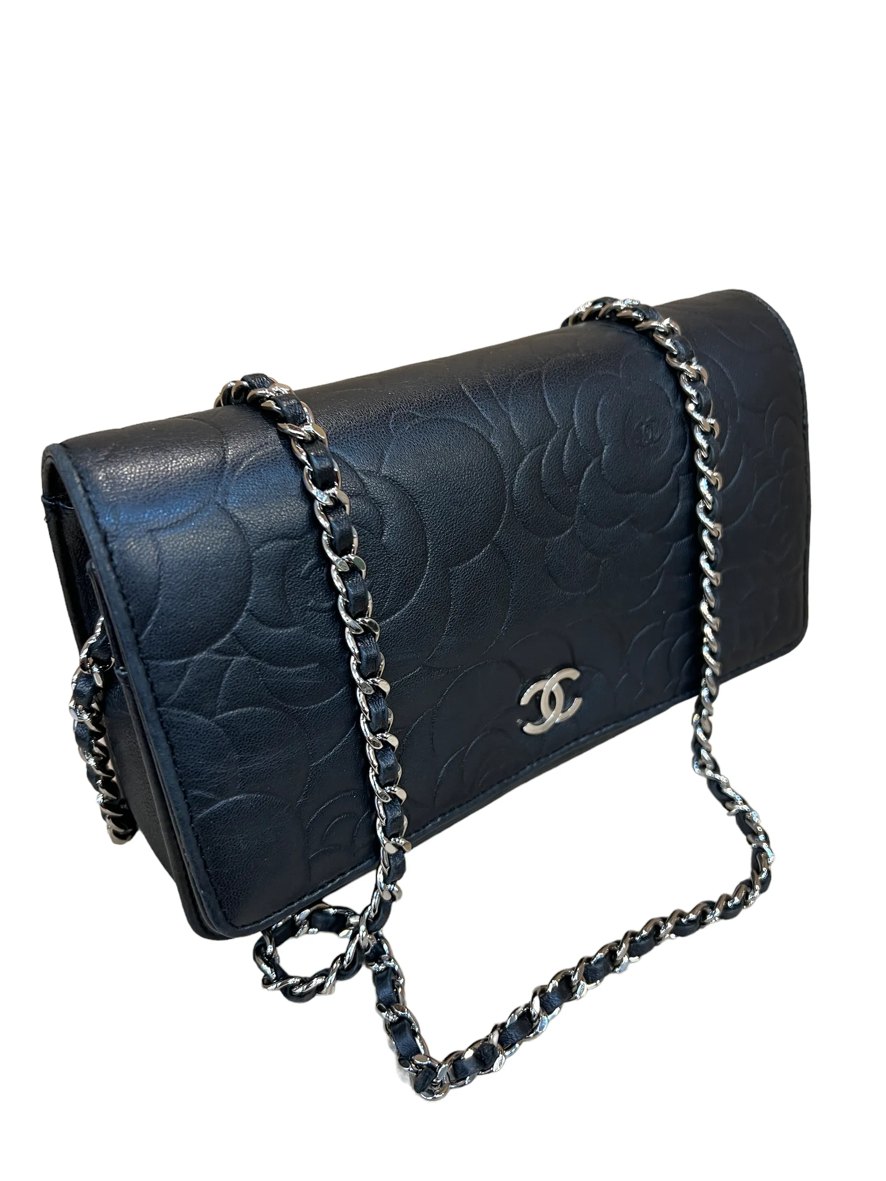 Chanel Black Lambskin Leather Floral 'Wallet On Chain' Handbag - As Seen on Instagram