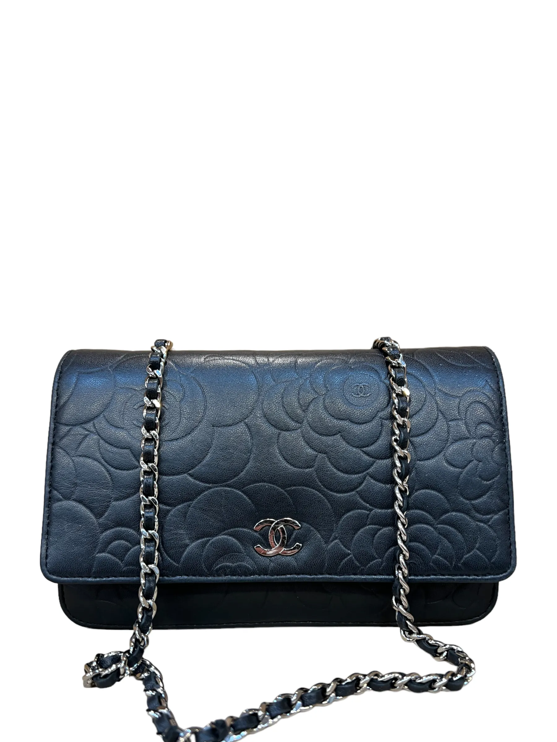 Chanel Black Lambskin Leather Floral 'Wallet On Chain' Handbag - As Seen on Instagram