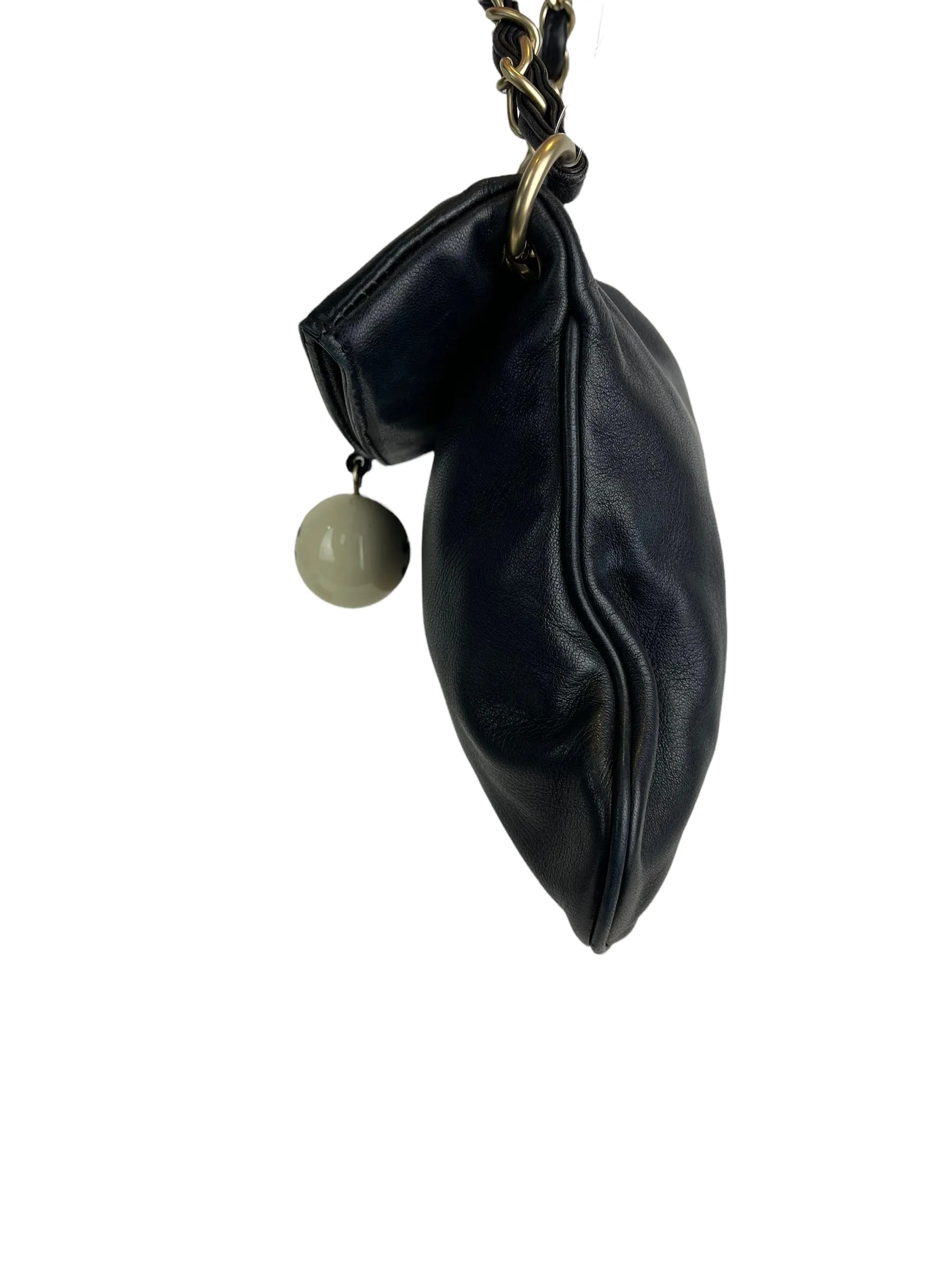 Chanel Black Lambskin Leather "Cue Ball" Foldover Shoulder Bag