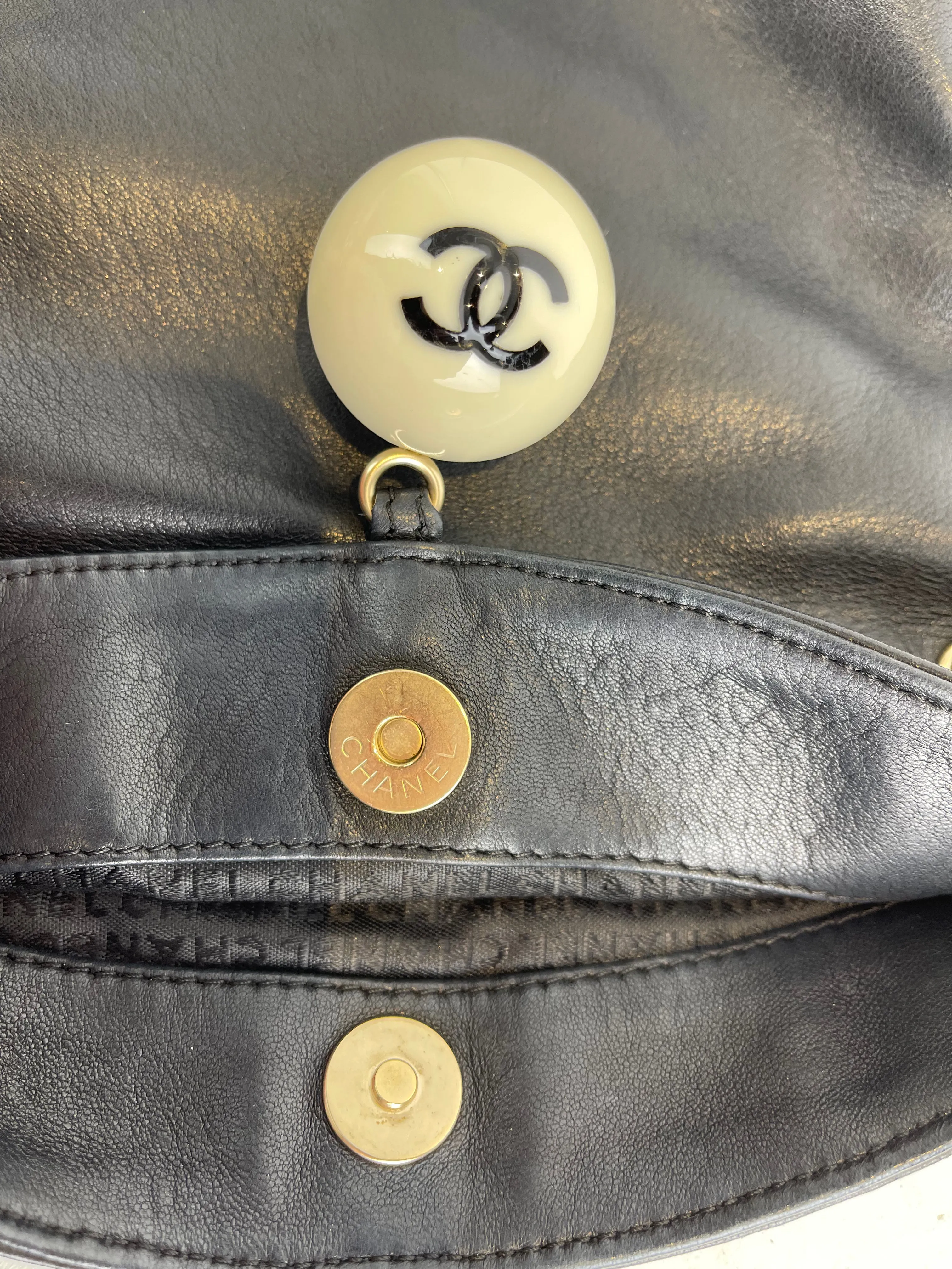 Chanel Black Lambskin Leather "Cue Ball" Foldover Shoulder Bag