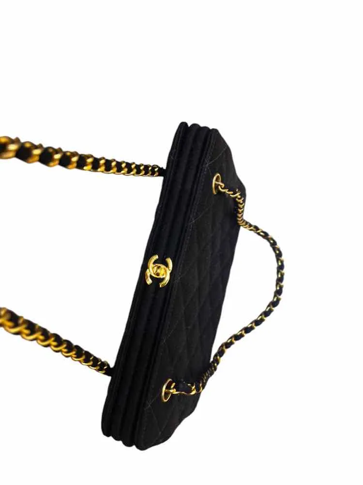Chanel Black Quilted Cotton Kisslock Handbag