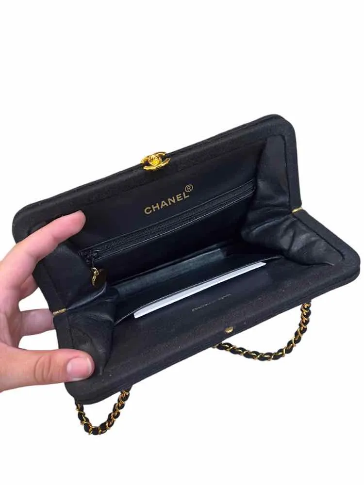 Chanel Black Quilted Cotton Kisslock Handbag