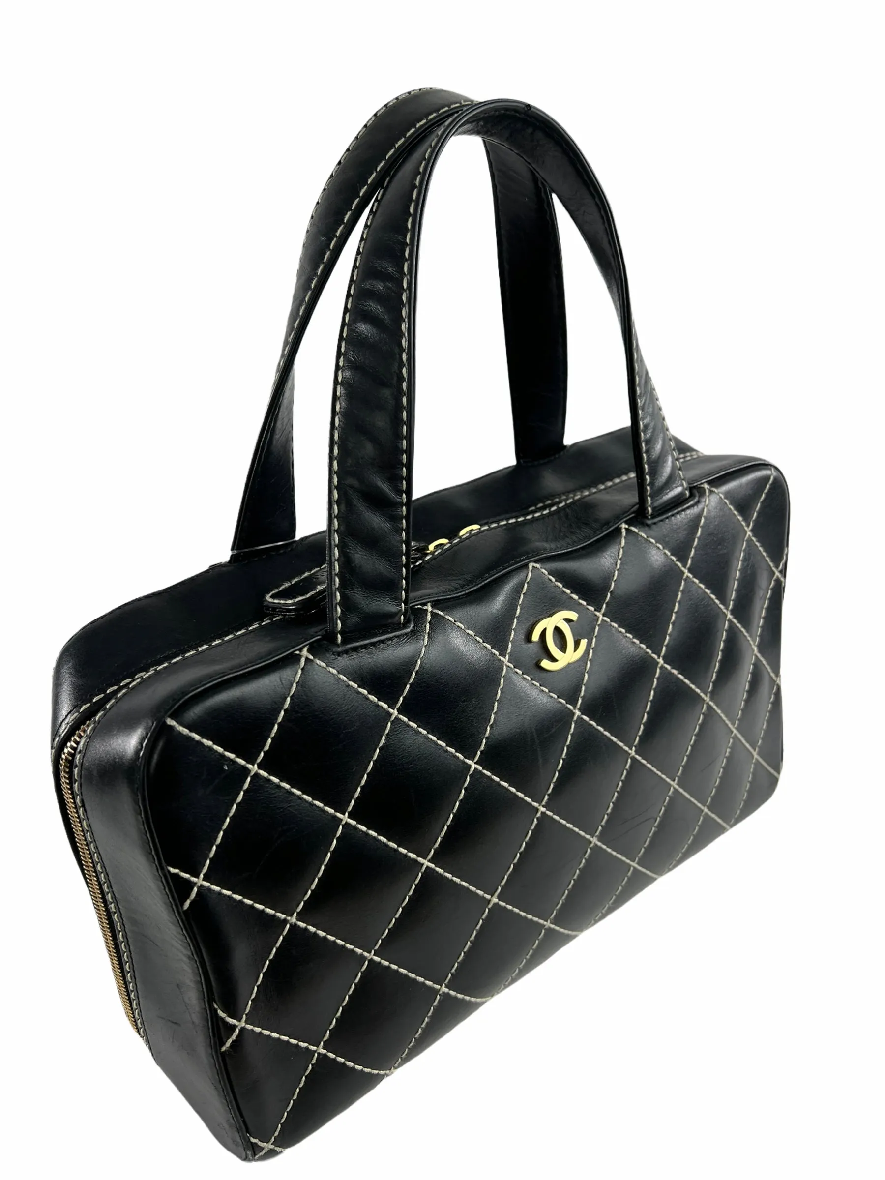 Chanel Black Quilted Leather Surpique Boston Bag