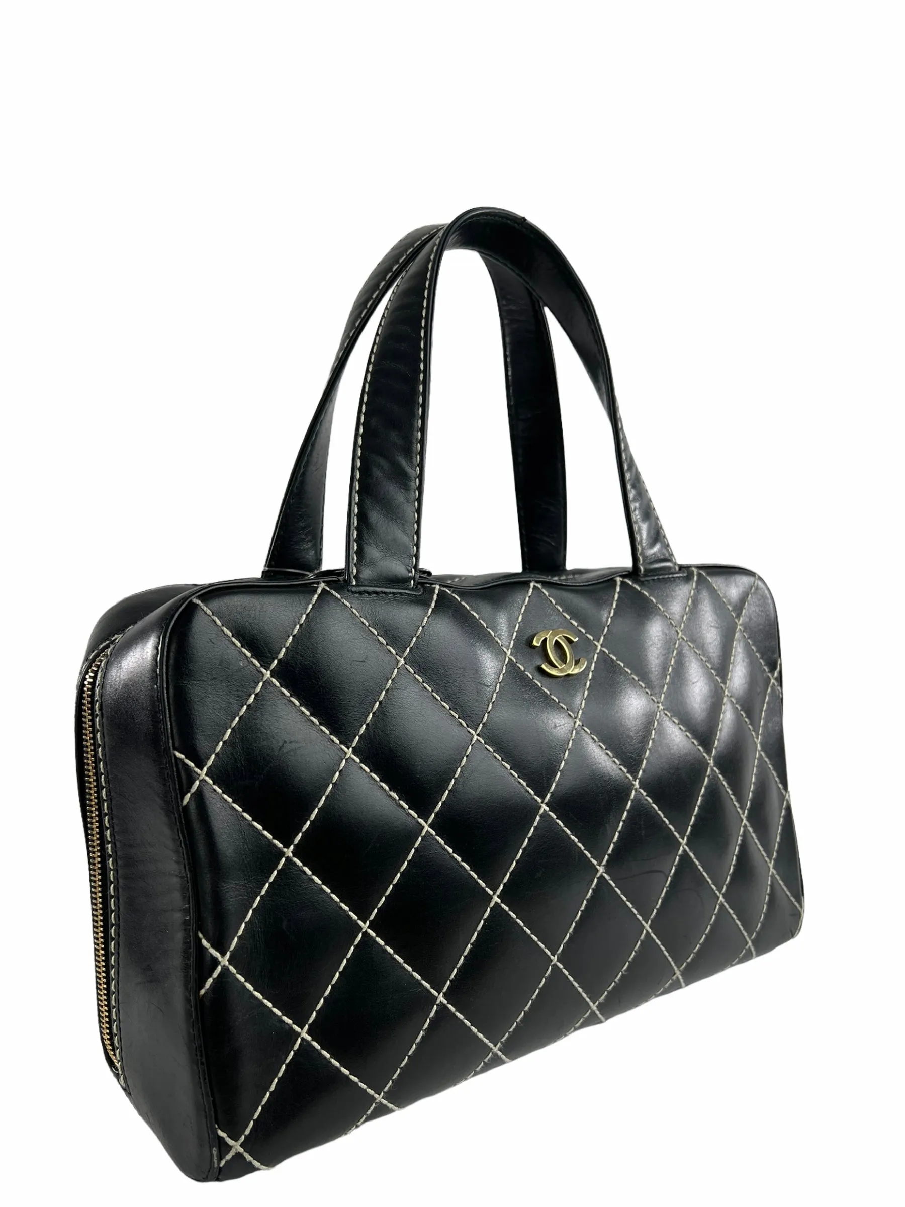 Chanel Black Quilted Leather Surpique Boston Bag