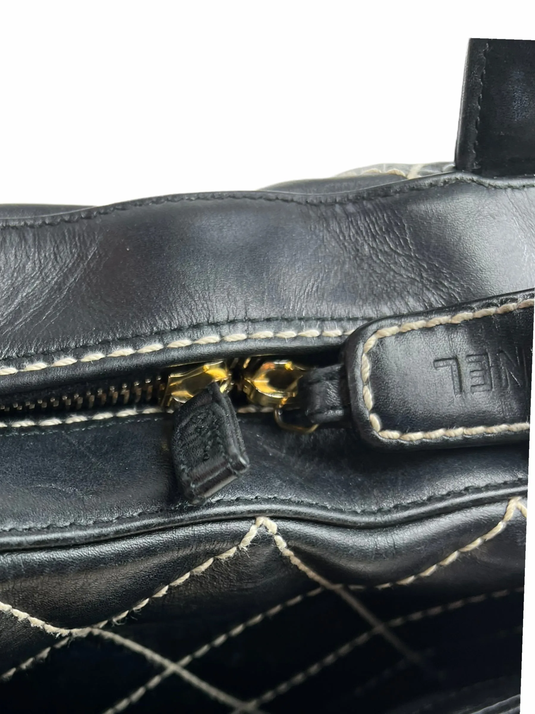 Chanel Black Quilted Leather Surpique Boston Bag