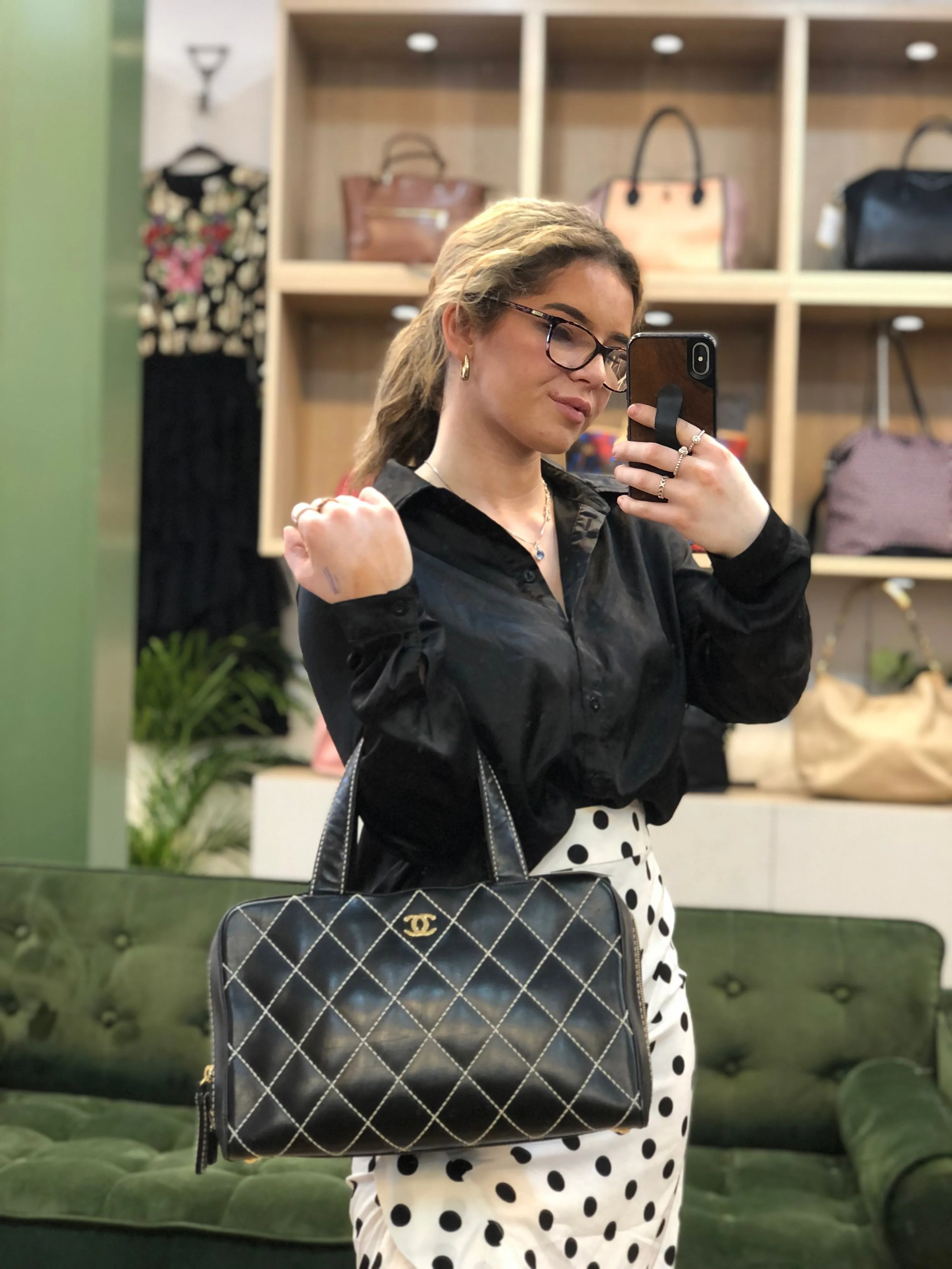 Chanel Black Quilted Leather Surpique Boston Bag