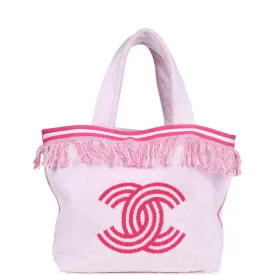 Chanel CC Beach Tote Bag & Towel Set Pink & White Canvas & Terry