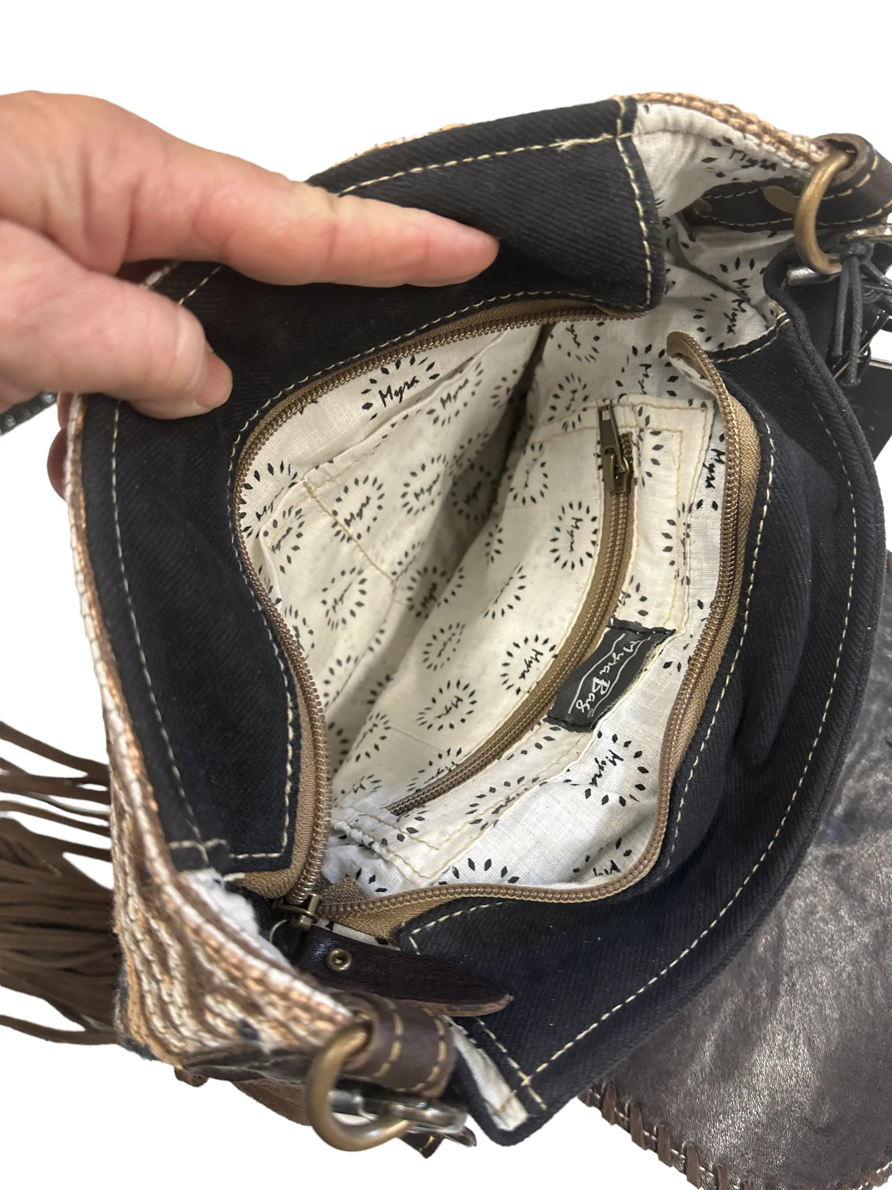 Cowhide, fringe, Tapestry and leather shoulder  bag with leather strap
