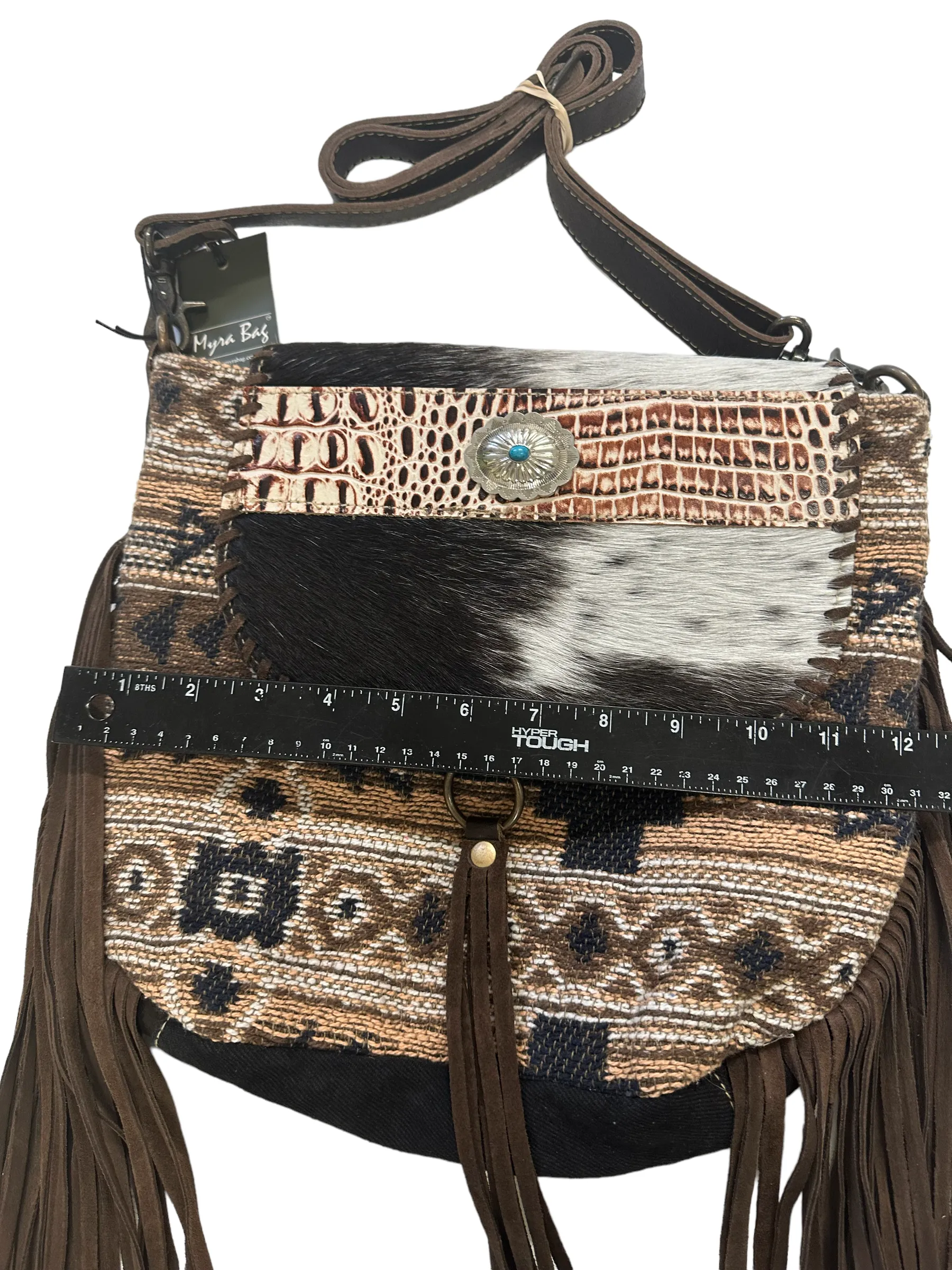 Cowhide, fringe, Tapestry and leather shoulder  bag with leather strap