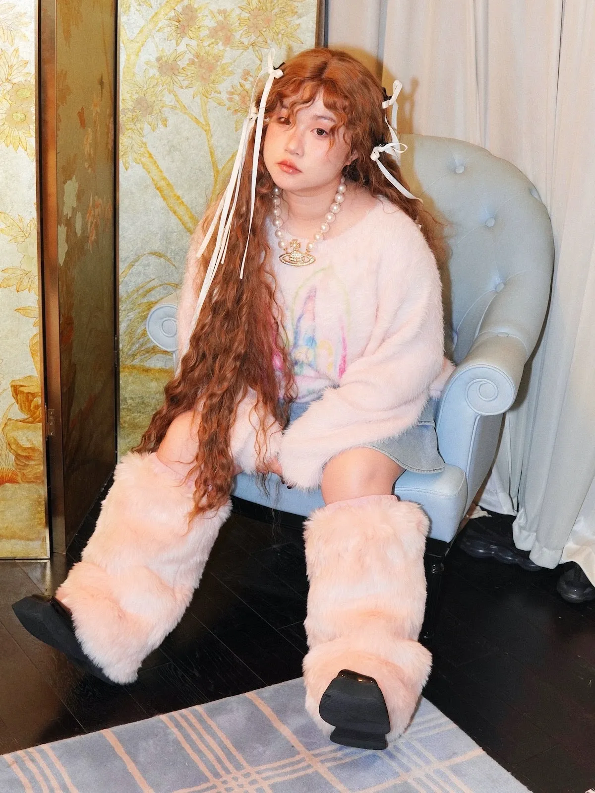 [Curve Beauty] Painterly Chic Faux Fur Sweater