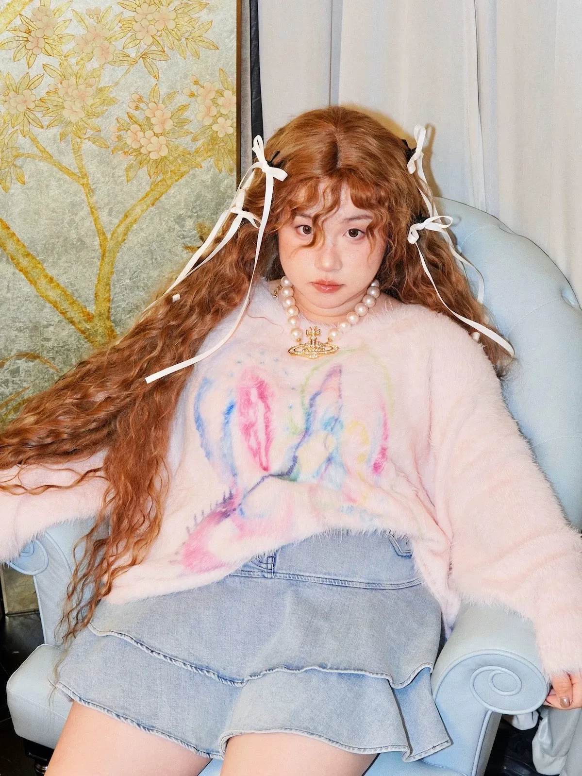 [Curve Beauty] Painterly Chic Faux Fur Sweater