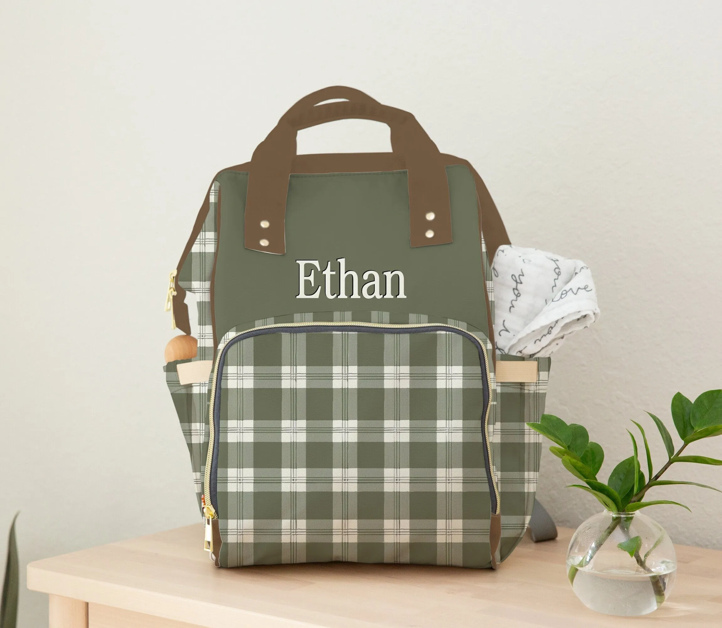 DIAPER BAG - PERSONALIZED GREEN PLAID