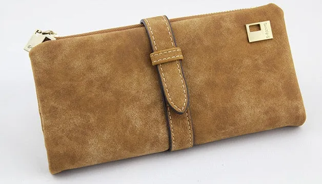 Famous Brand Long Purse Two Fold Women Wallets Drawstring Nubuck Leather Zipper Suede Wallet Ladies Carteira Feminina Clutch Bag
