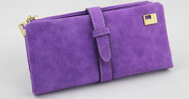 Famous Brand Long Purse Two Fold Women Wallets Drawstring Nubuck Leather Zipper Suede Wallet Ladies Carteira Feminina Clutch Bag