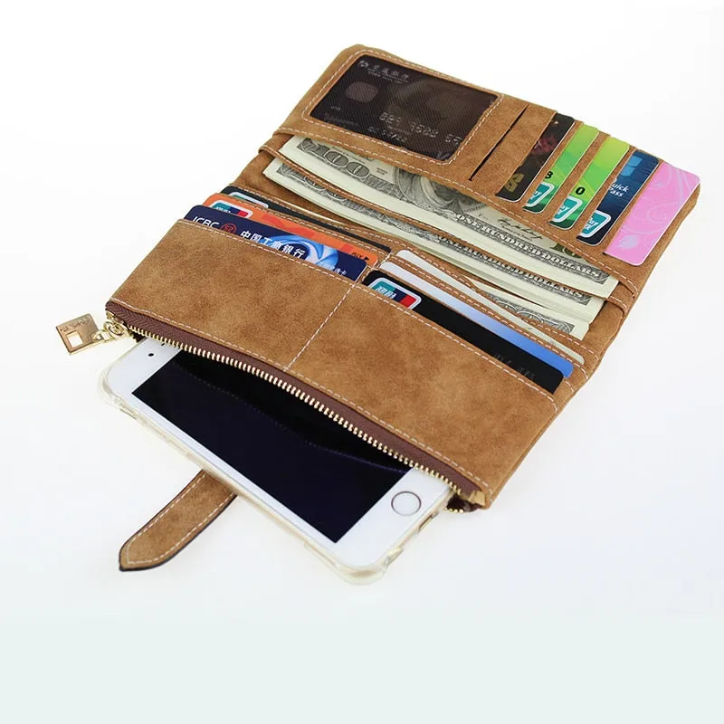 Famous Brand Long Purse Two Fold Women Wallets Drawstring Nubuck Leather Zipper Suede Wallet Ladies Carteira Feminina Clutch Bag