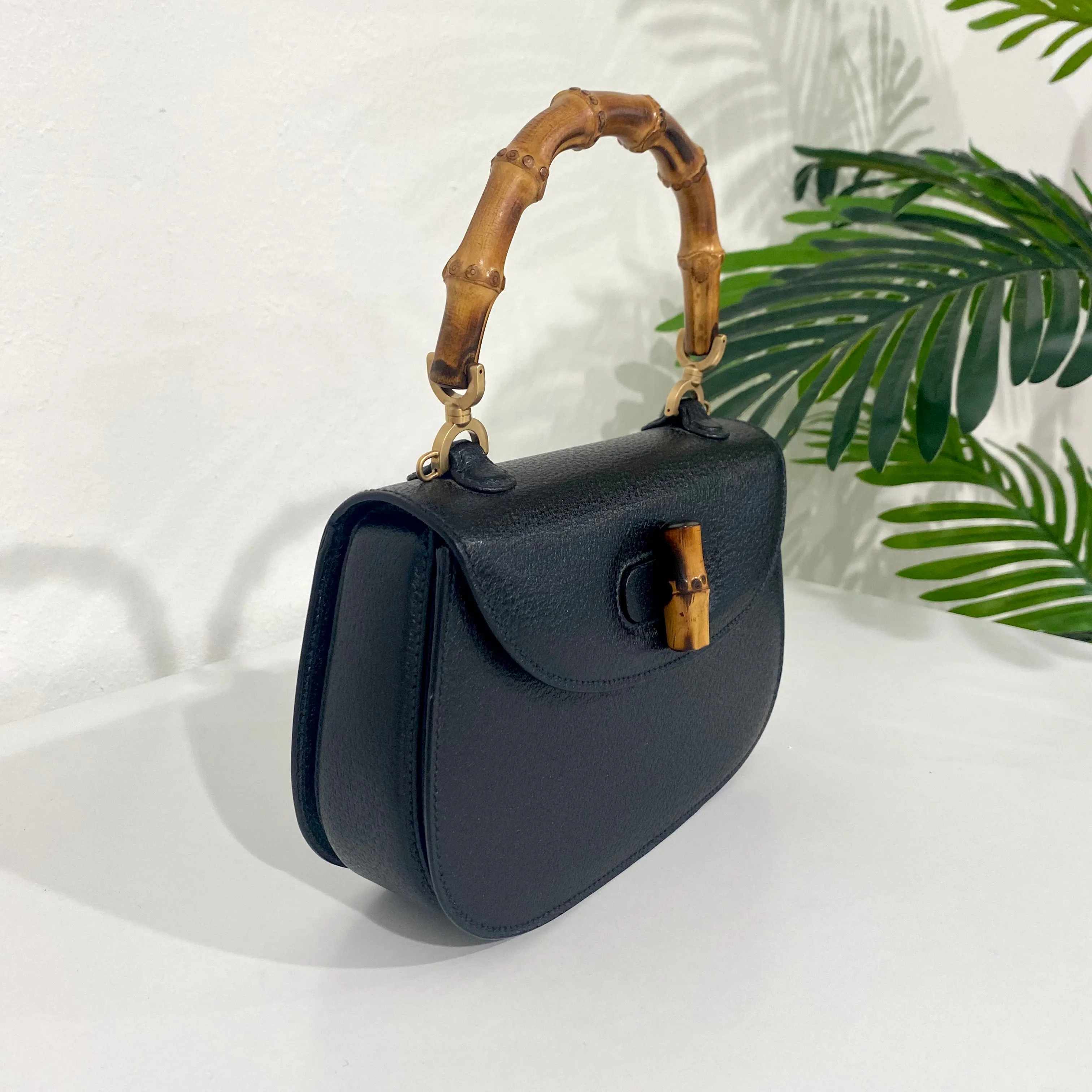 Gucci Vintage Black Bamboo Handle Bag