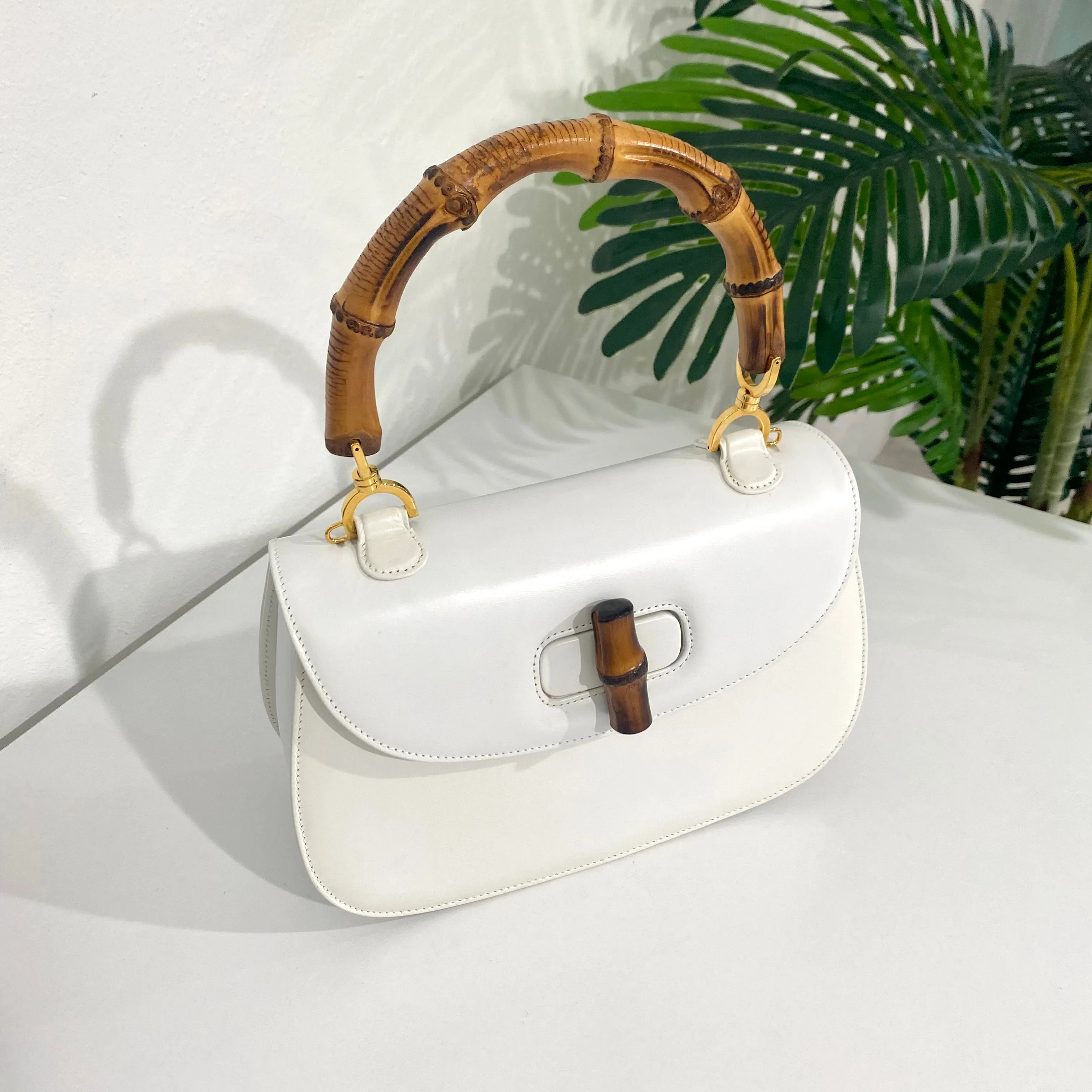 Gucci Vintage White Bamboo Handle Bag