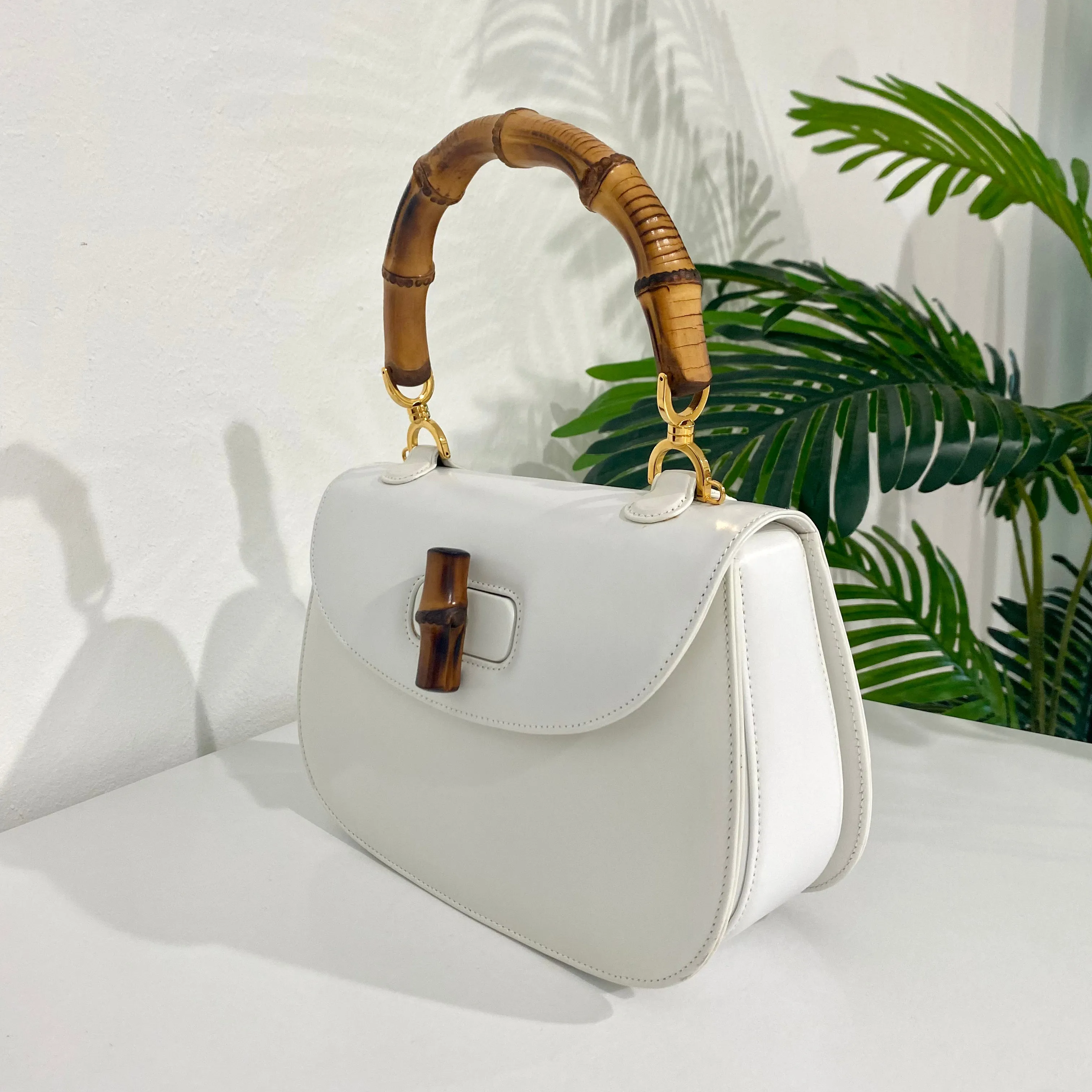 Gucci Vintage White Bamboo Handle Bag